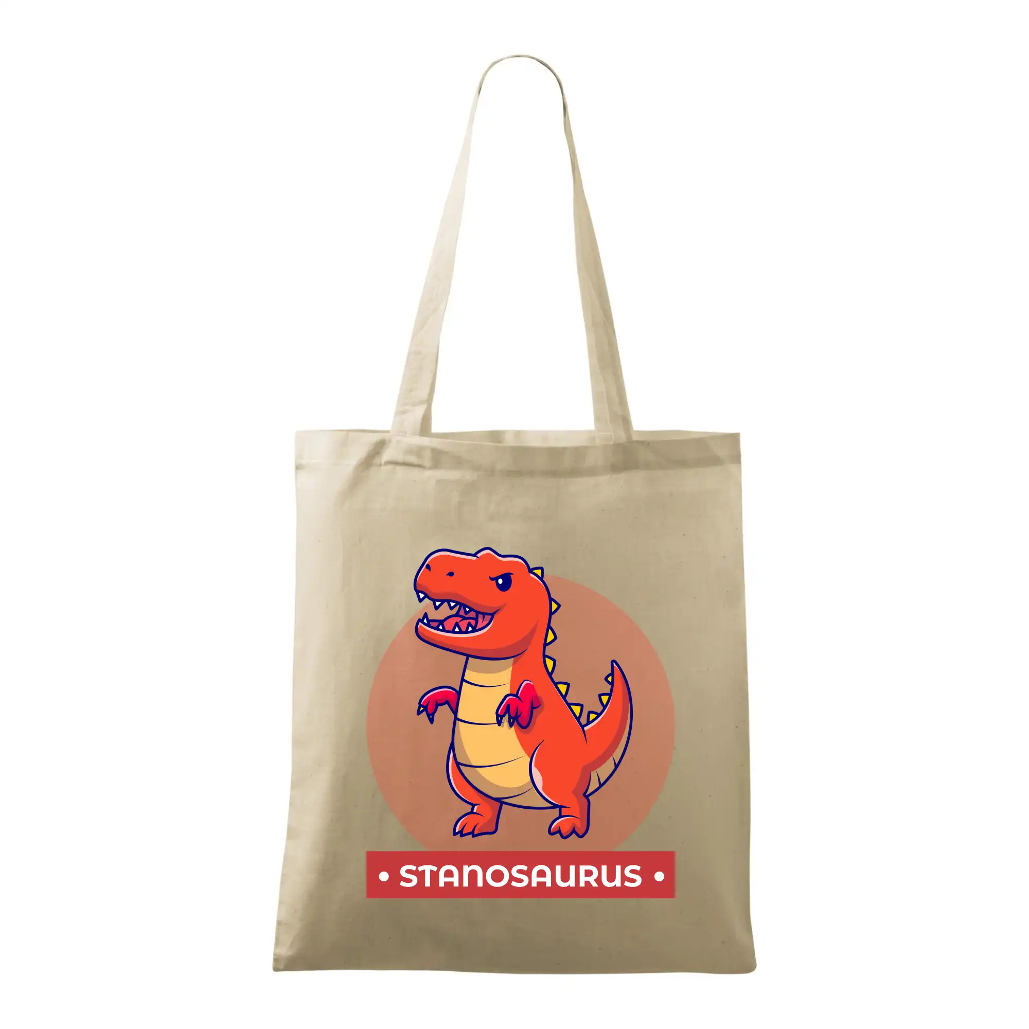 Detské tričká, mikiny a body s originálnymi potlačami | Veselé motívy pre chlapcov aj dievčatá - Dinosaurie mená - oranžový dinosaurus - Taška bavlnená