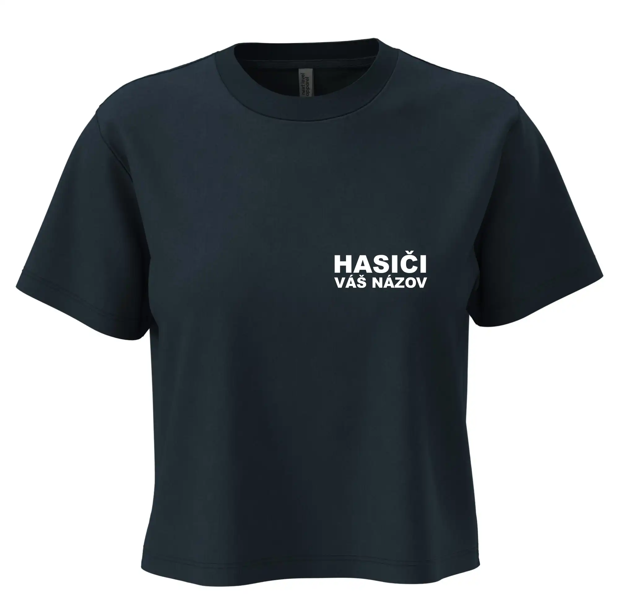 Originálne tričká pre hasičov - Hasiči nápis (názov zboru - vlastný nápis) - Boxy cropped tričko OVERSIZE