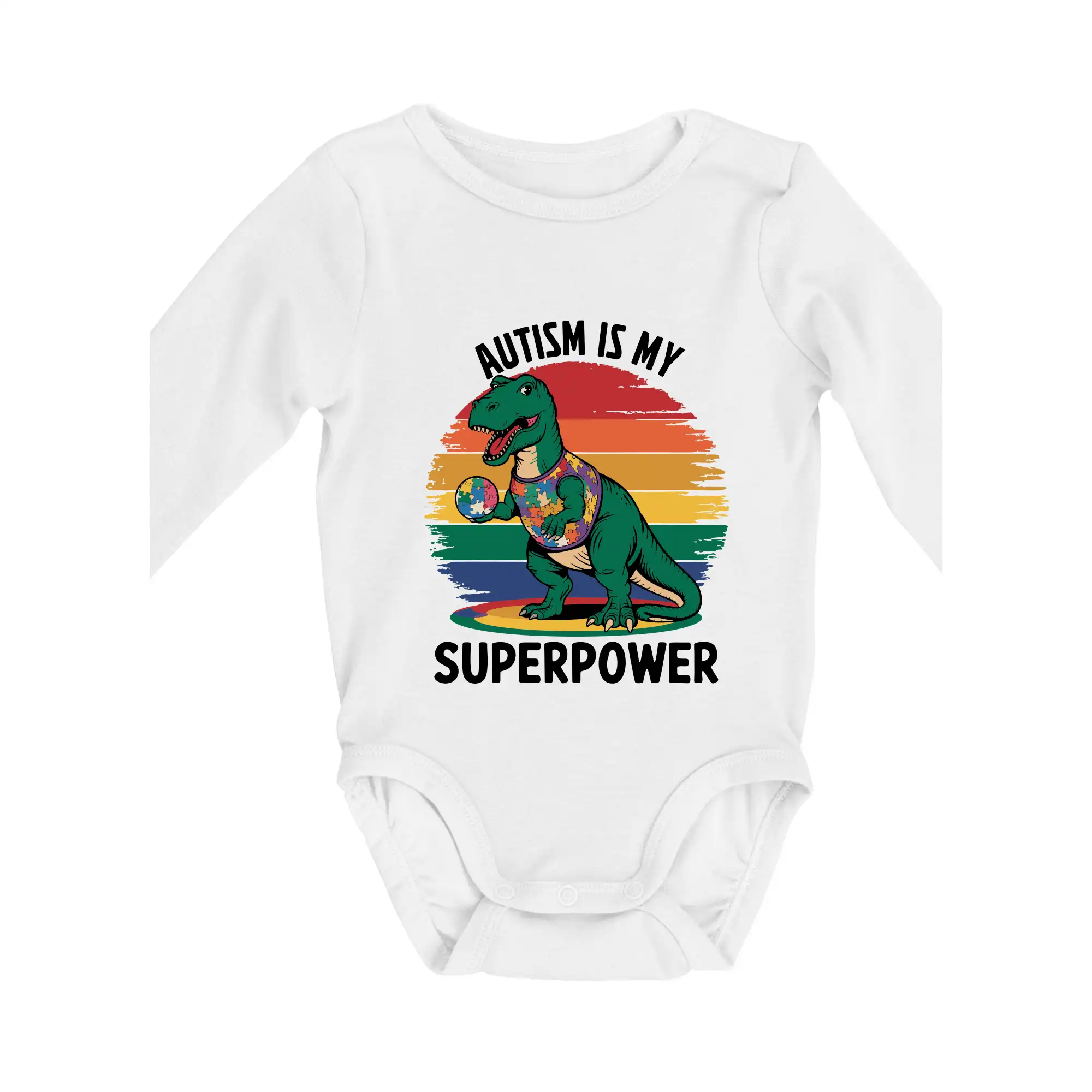 Tričká a mikiny pre autistov - Dinousarus a puzzle  Autism is my superpower - Body dojčenské s dlhým rukávom