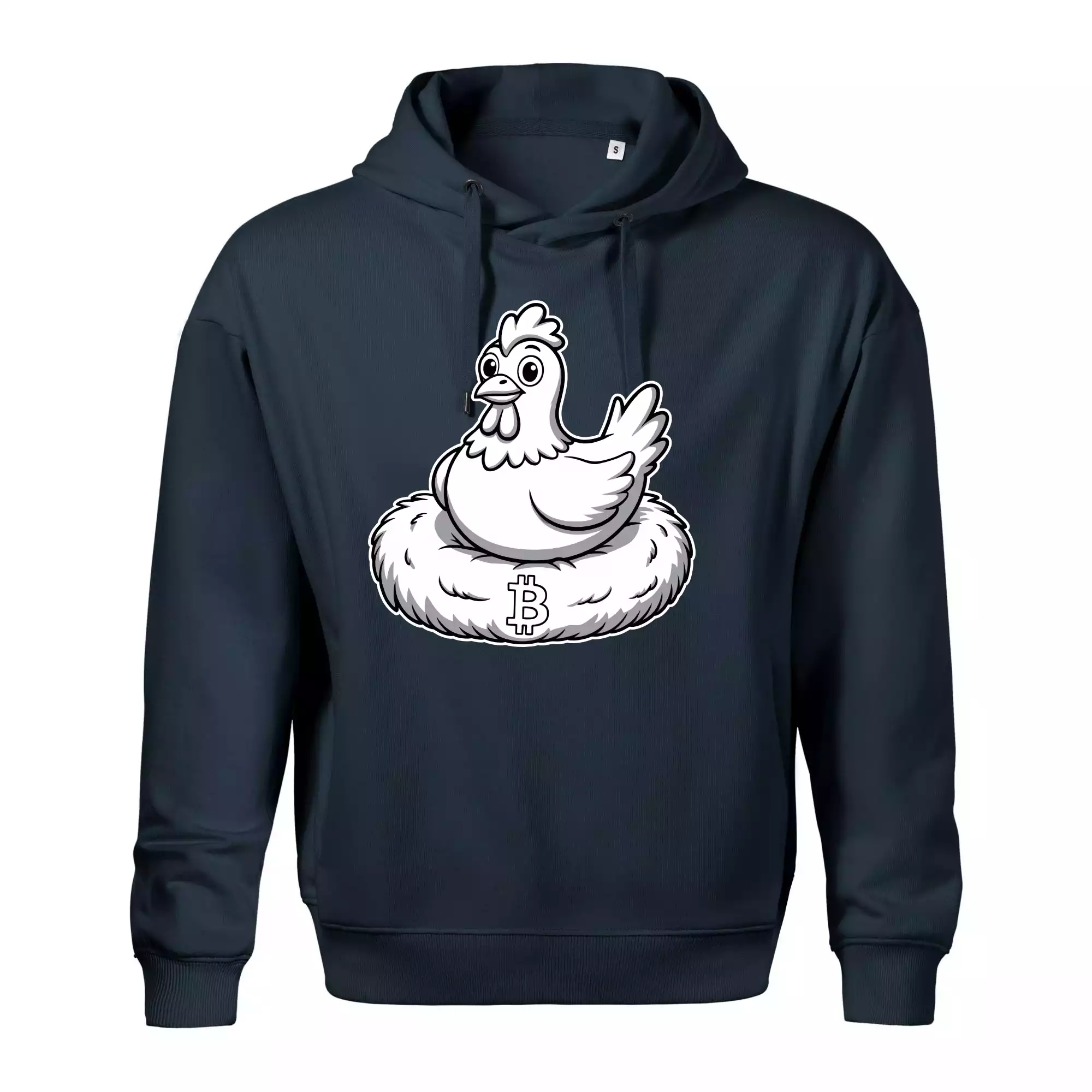 Kuře sedící na bitcoinovém hnízdě