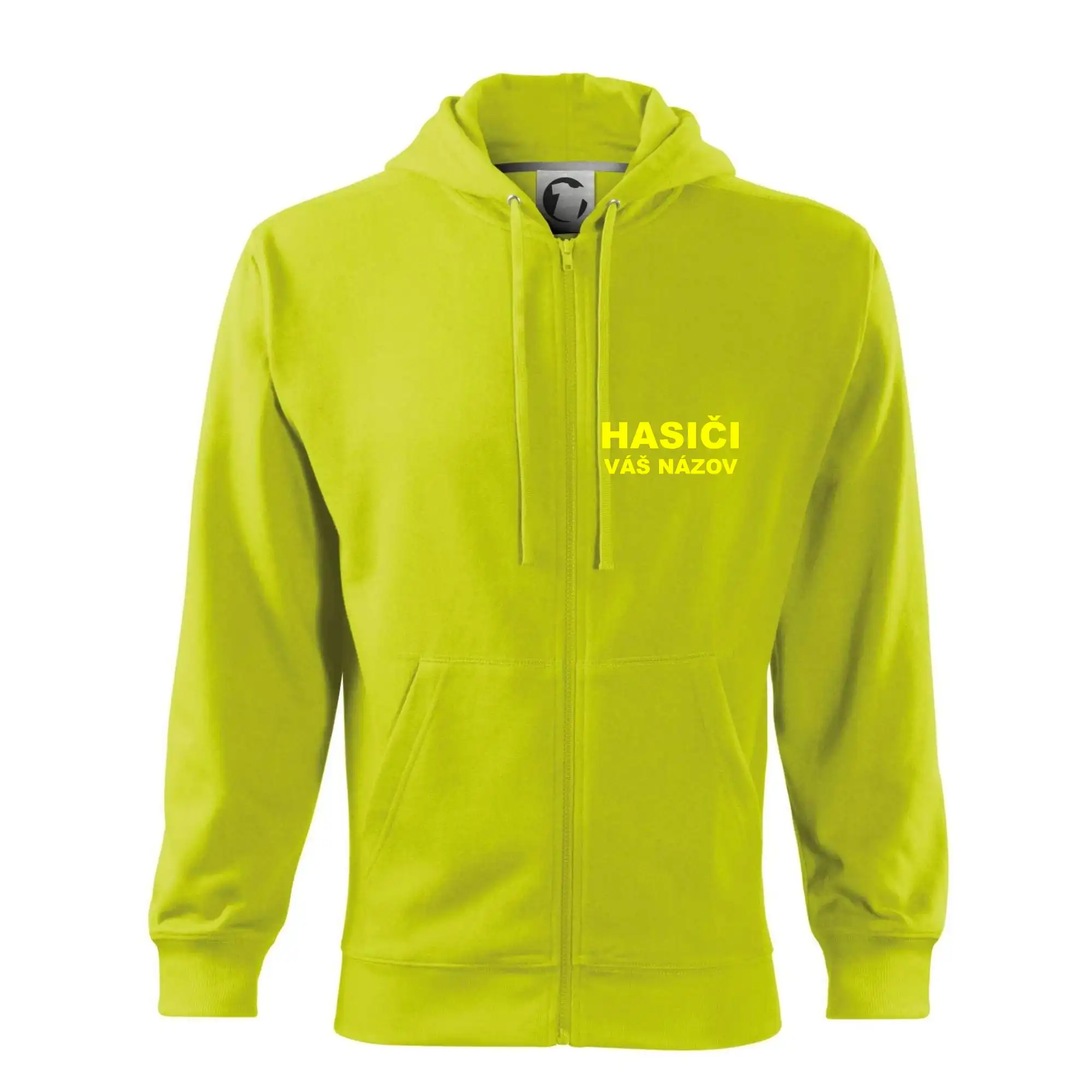 Originálne tričká pre hasičov - Hasiči - žltý nápis - váš názov zboru - Mikina s kapucňou na zips trendy zipper