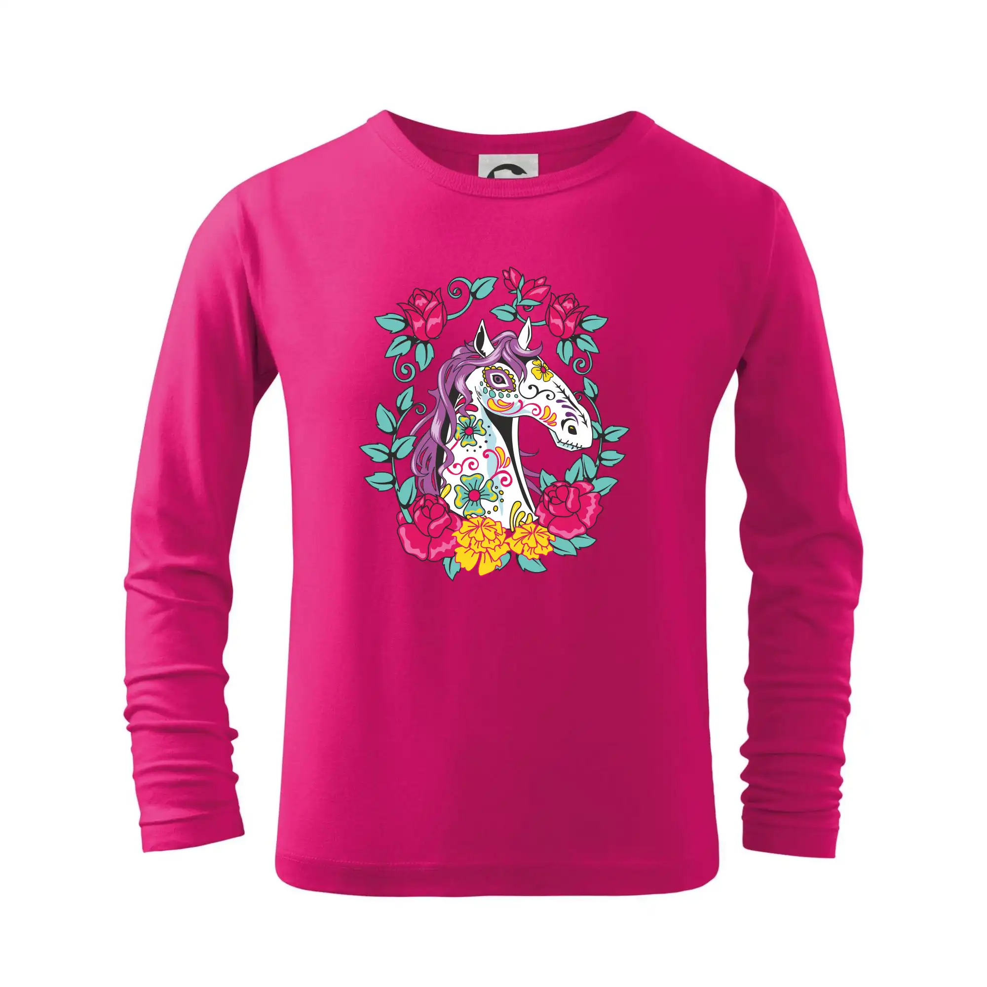 Tričká s koňmi - Kôň farebný s kvetinami - Tričko detské Long Sleeve
