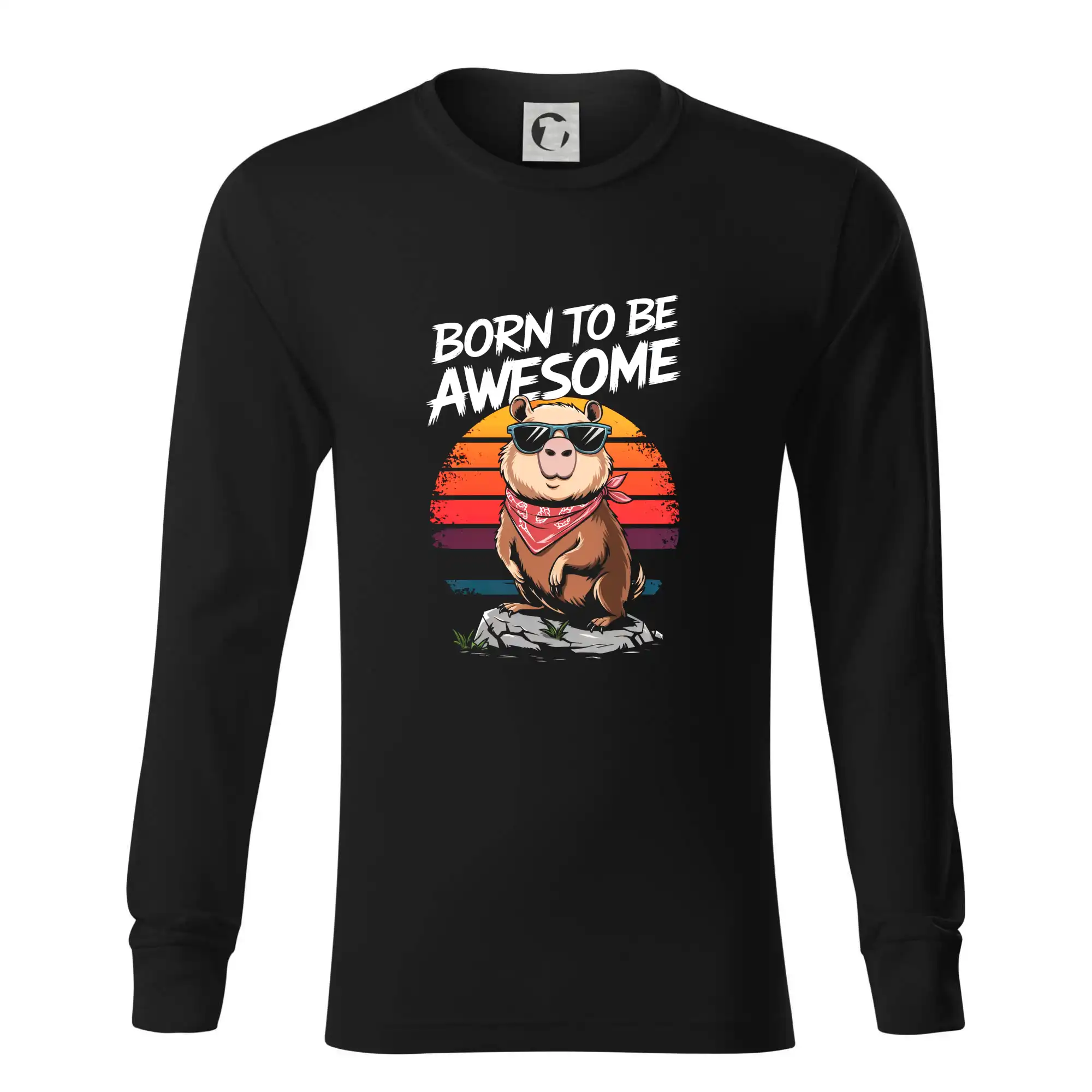 Tričká so zvieratami - Capybara born be awesome nápis hore - Tričko s dlhým rukávom LS R05