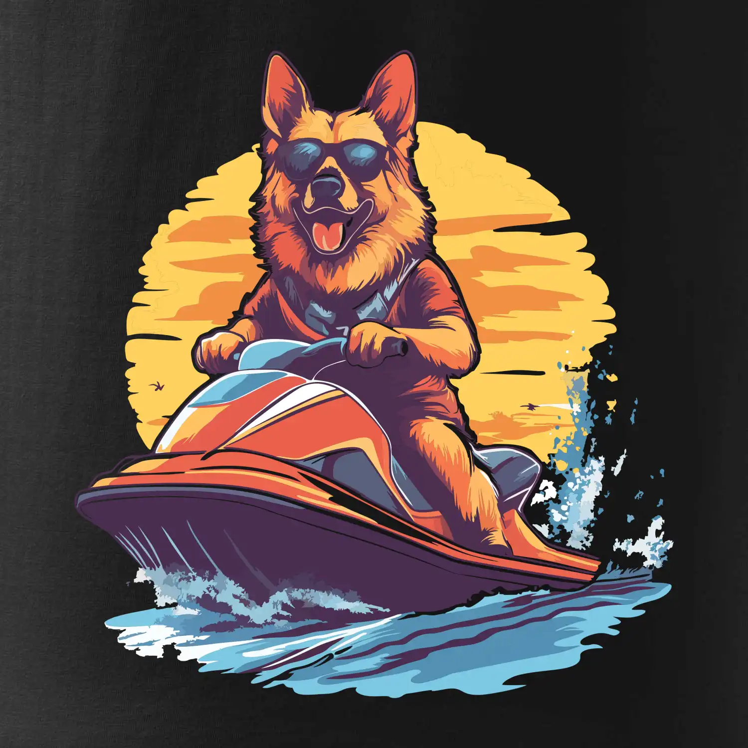 Německý ovčák na vodním skútru