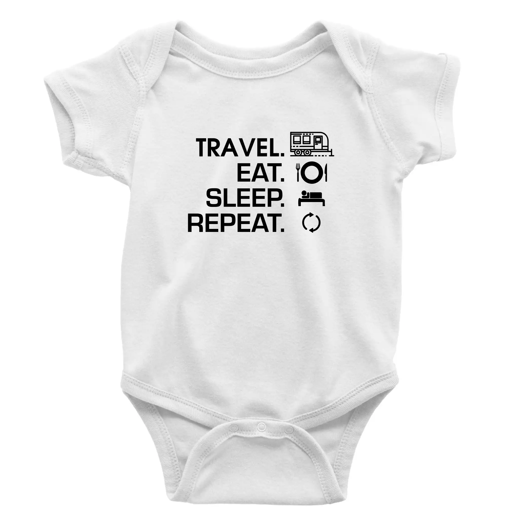 Trička na kempovanie - Eat sleep travel - Veľký príves - Body dojčenské s krátkym rukávom
