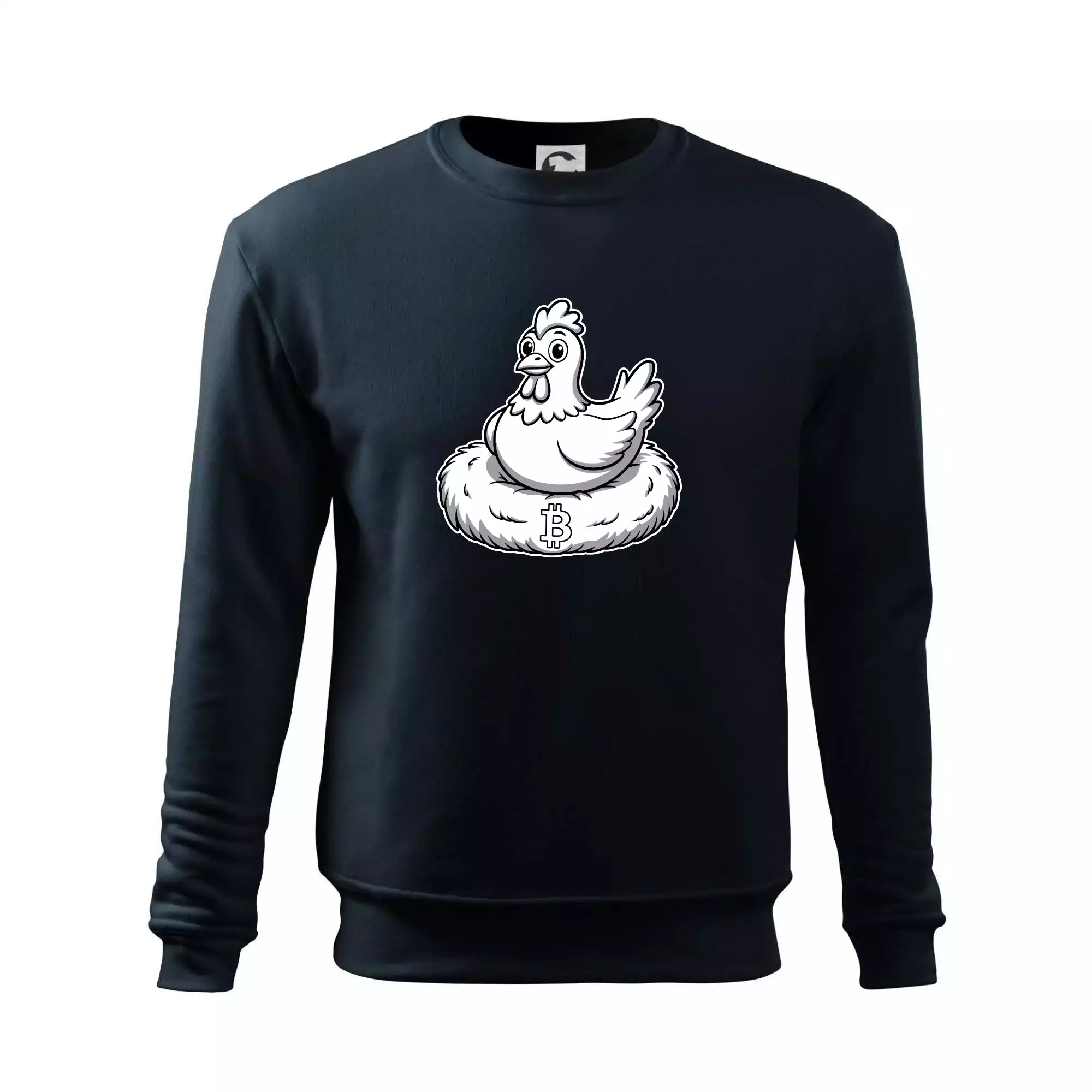 Kuře sedící na bitcoinovém hnízdě