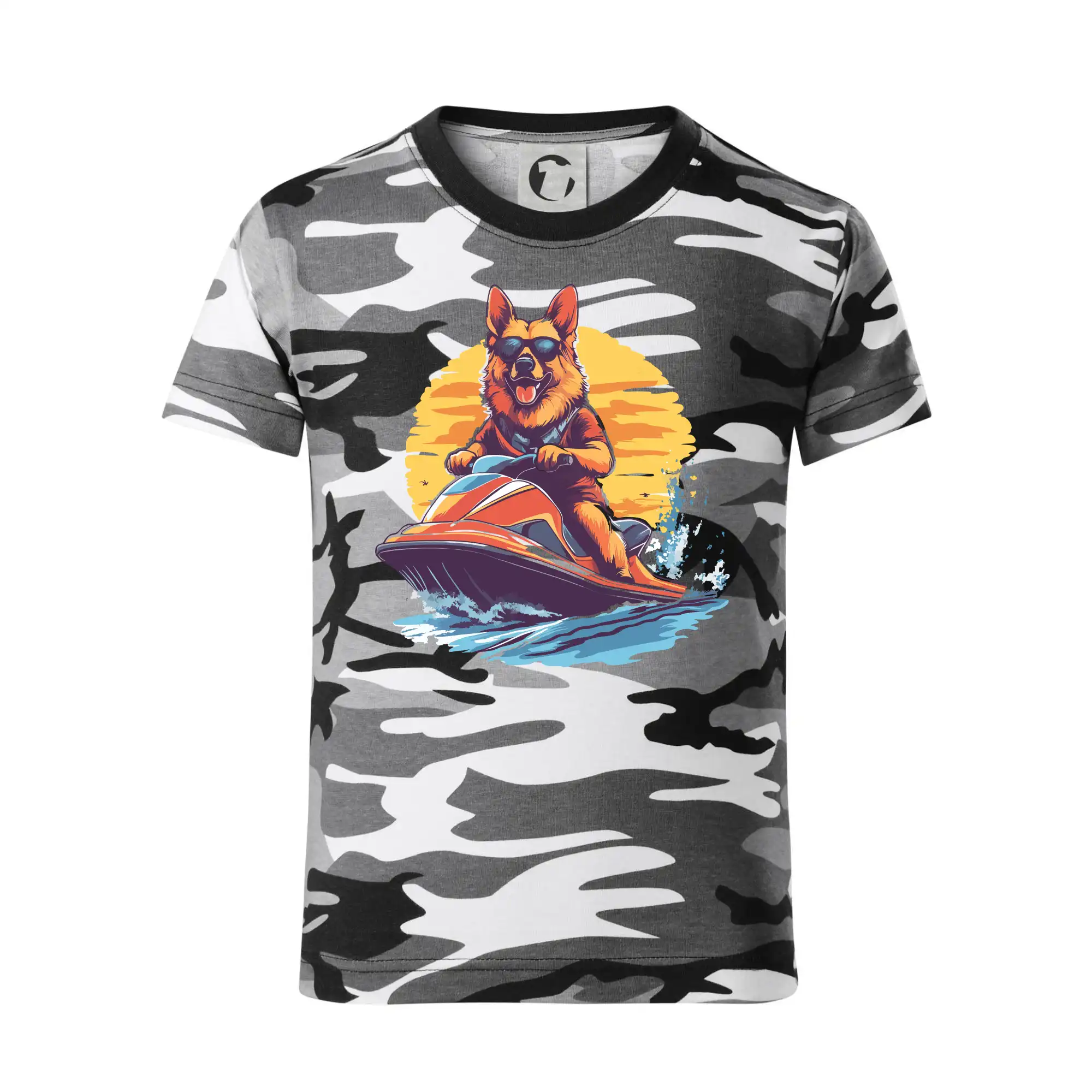 Německý ovčák na vodním skútru