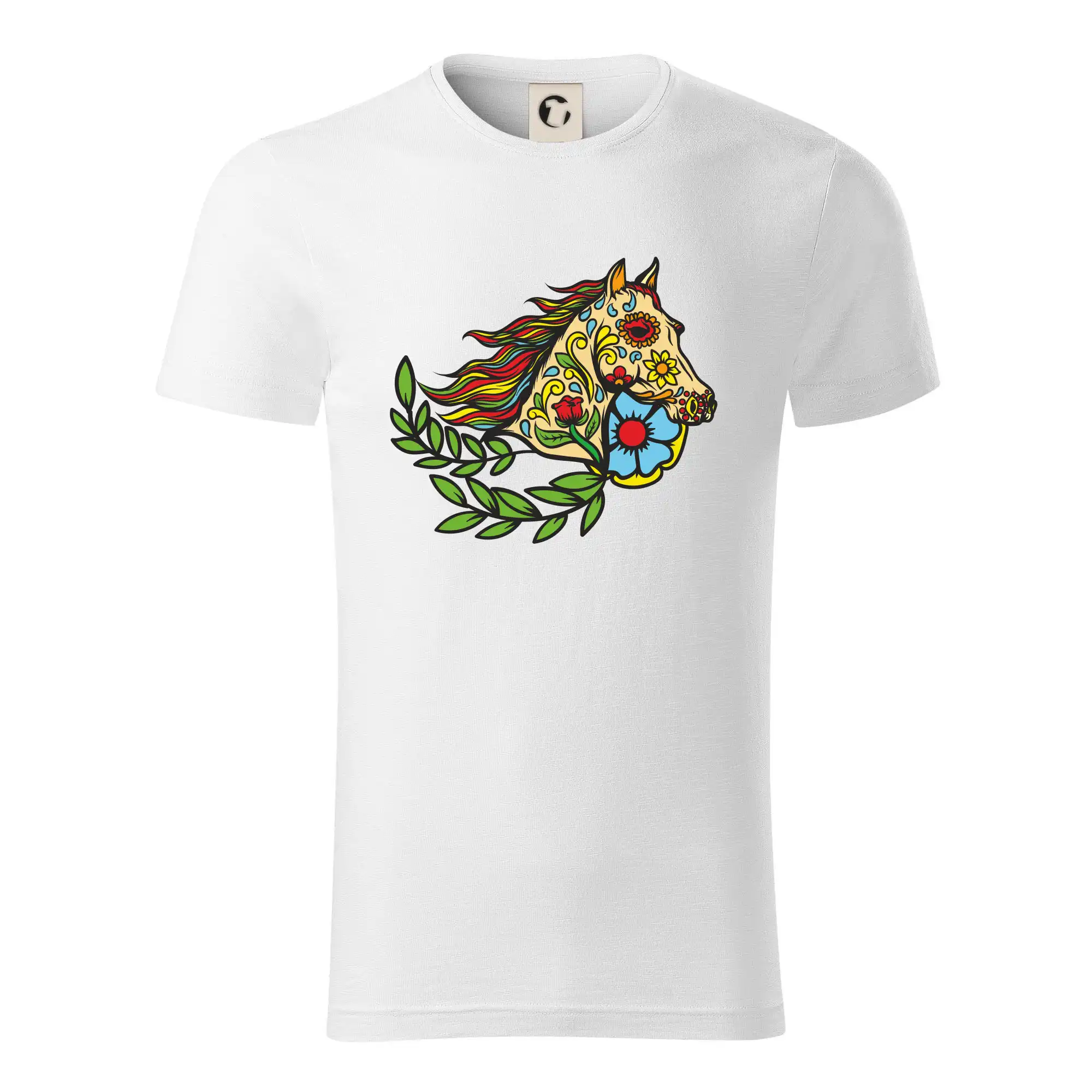 Tričká s koňmi - Kôň farebný s listami - Tričko z organickej bavlny