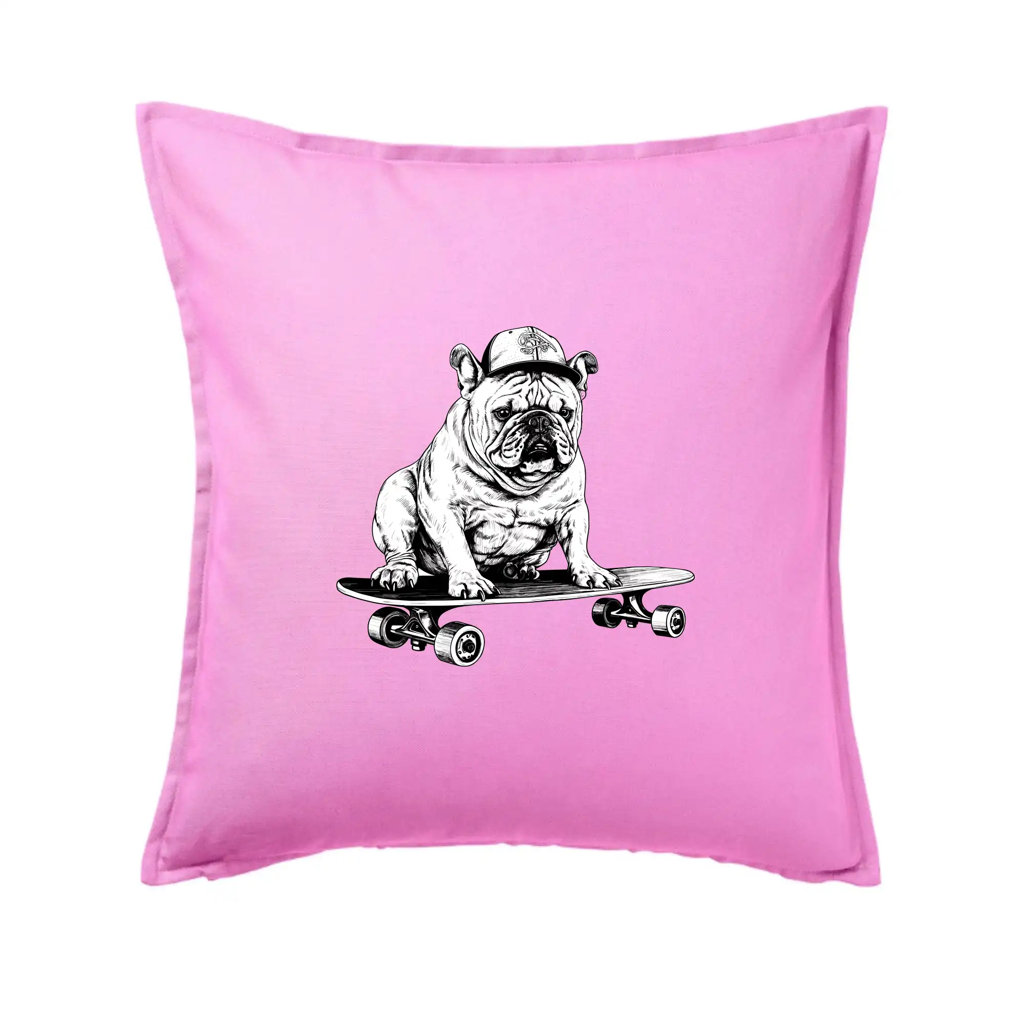 Černobílý buldok na skateboardu