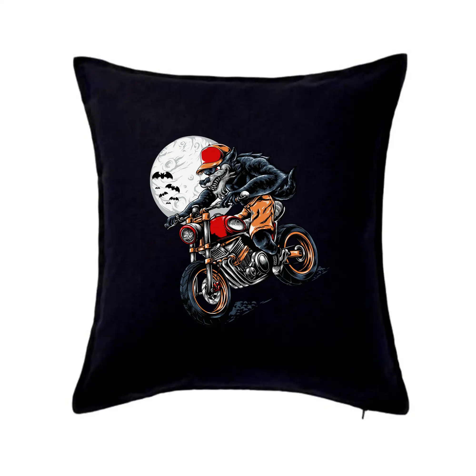 Tričká s vlkom - Kreslený vlk na motorke - Vankúš 50x50