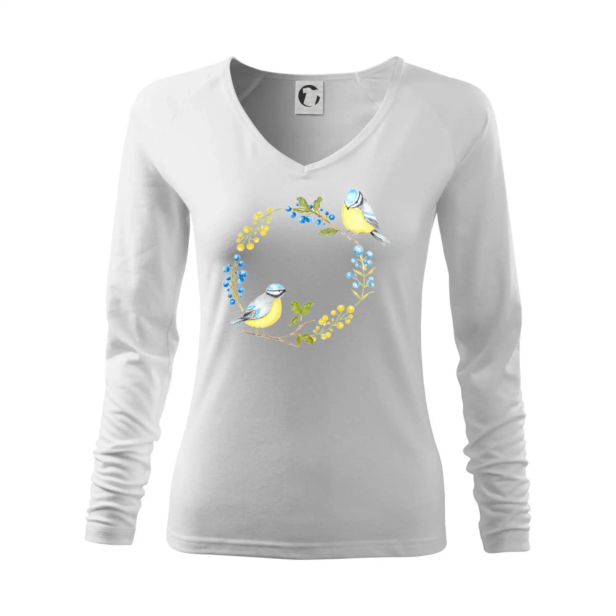 Tričko s motívmi vtákov - Sýkorky na kruhu z kvetov - Tričko dámske Elegance