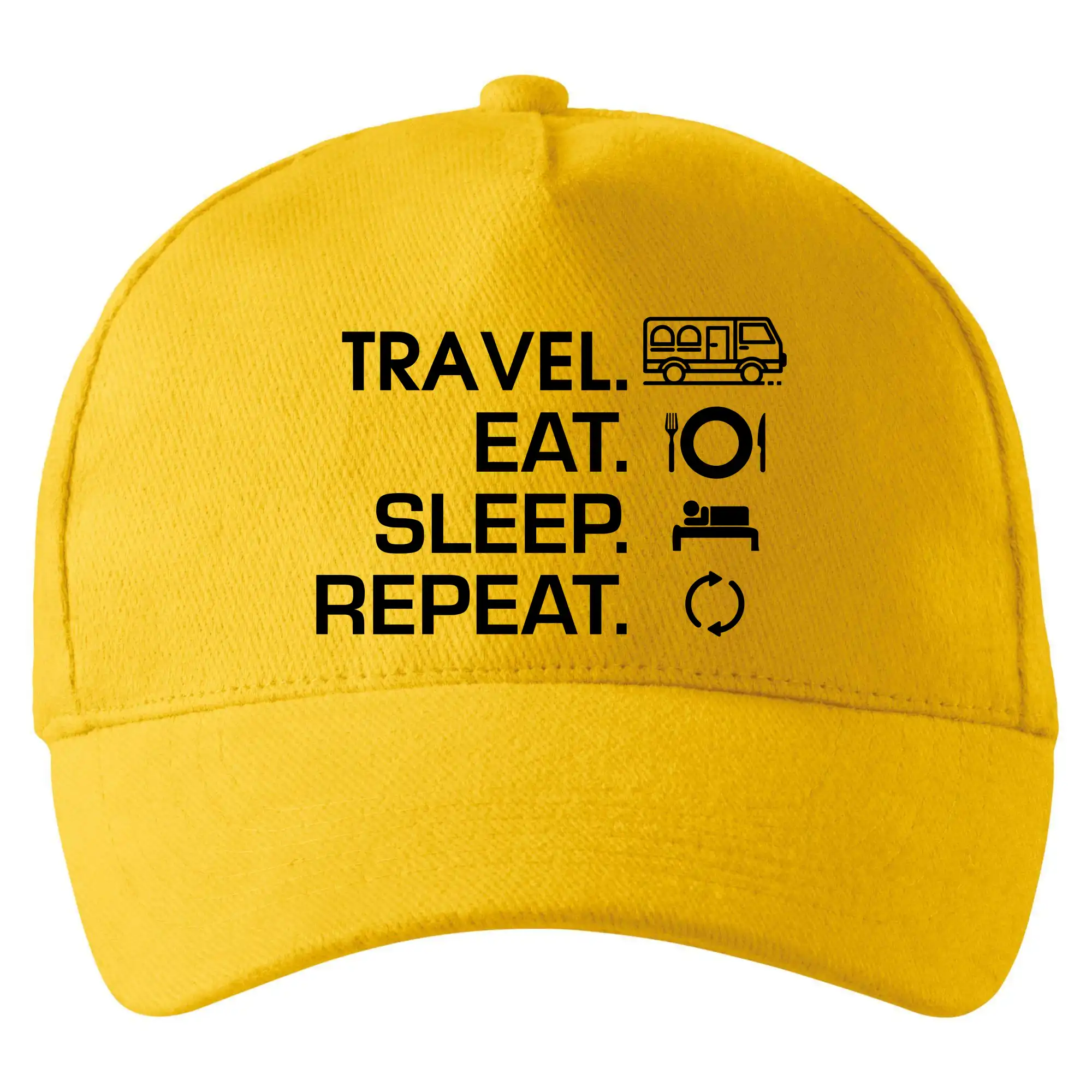 Trička na kempovanie - Eat sleep travel - Van - Šiltovka so zahnutým šiltom a mosaznou sponou