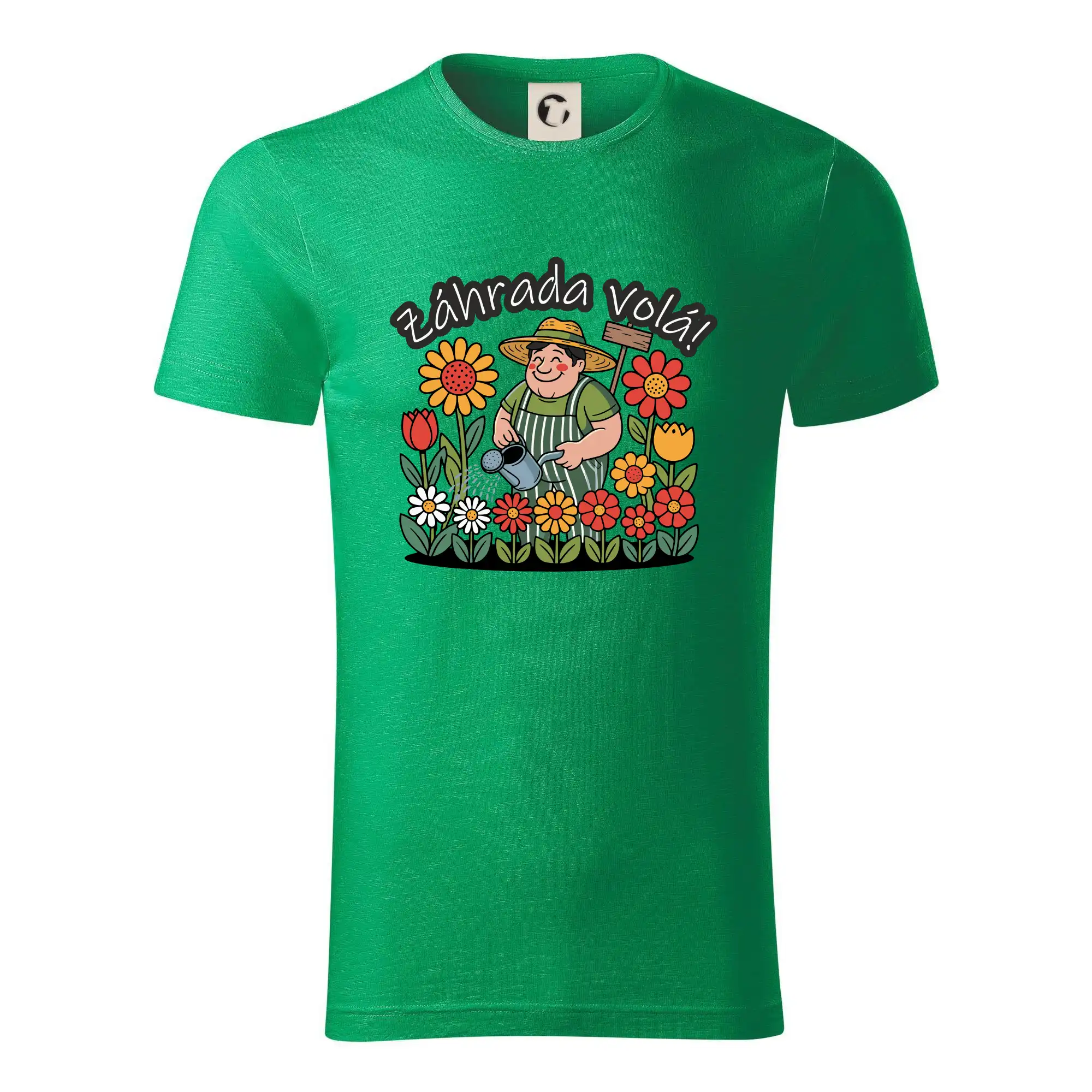 Tričká na chalupu - Záhrada volá - záhradník a slnečnice - Tričko z organickej bavlny