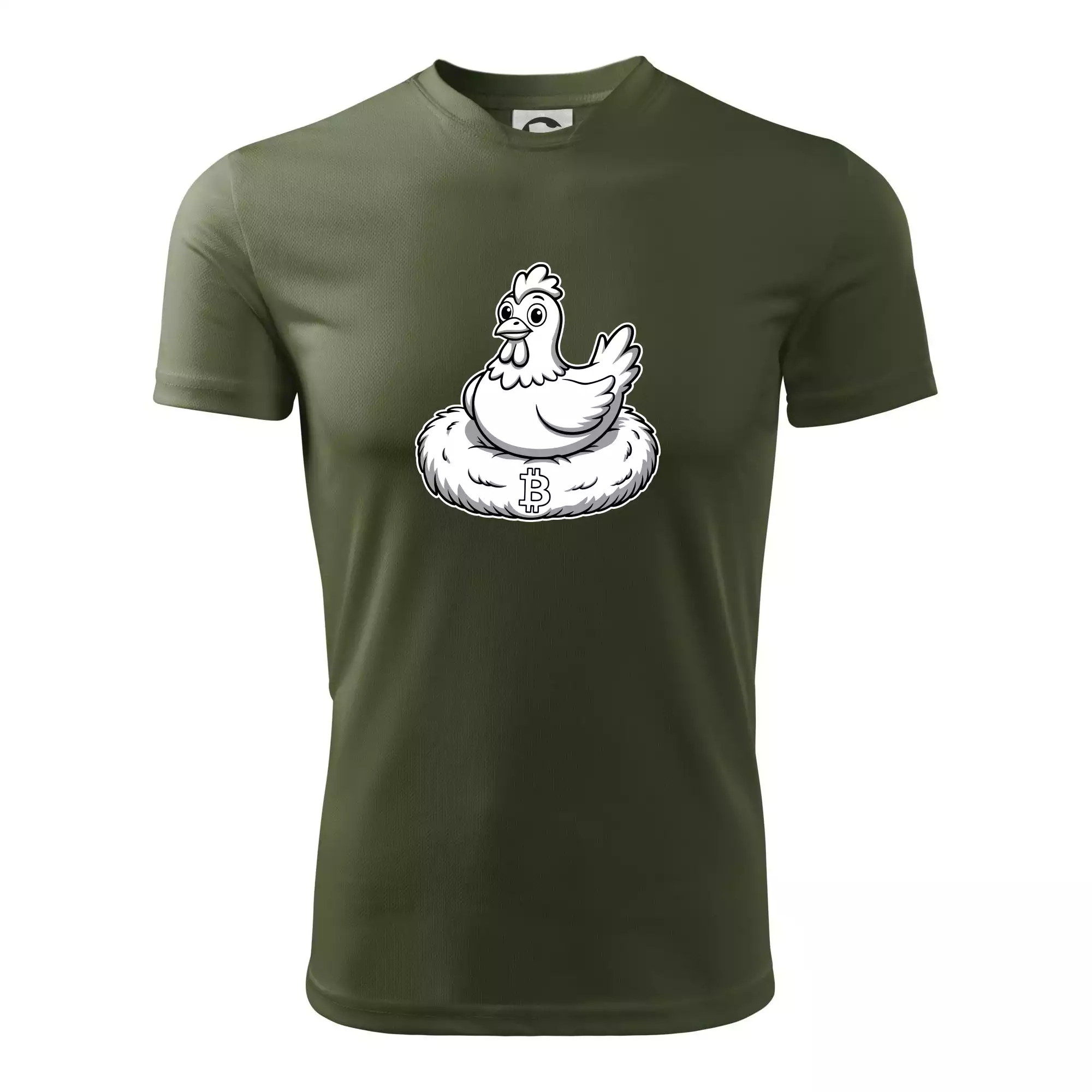 Kuře sedící na bitcoinovém hnízdě