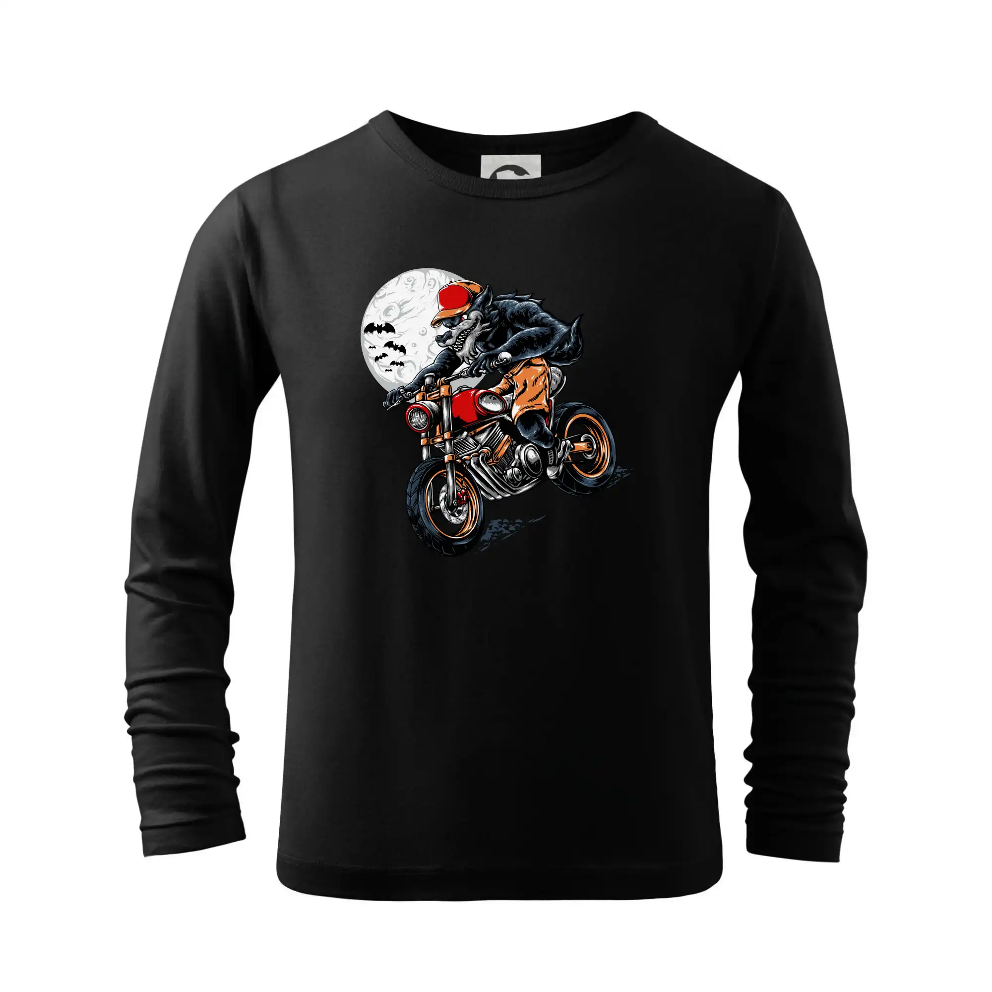 Tričká s vlkom - Kreslený vlk na motorke - Tričko detské Long Sleeve