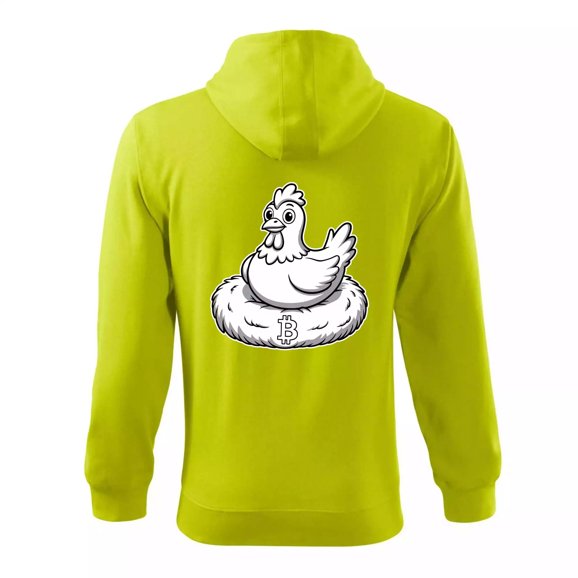 Kuře sedící na bitcoinovém hnízdě