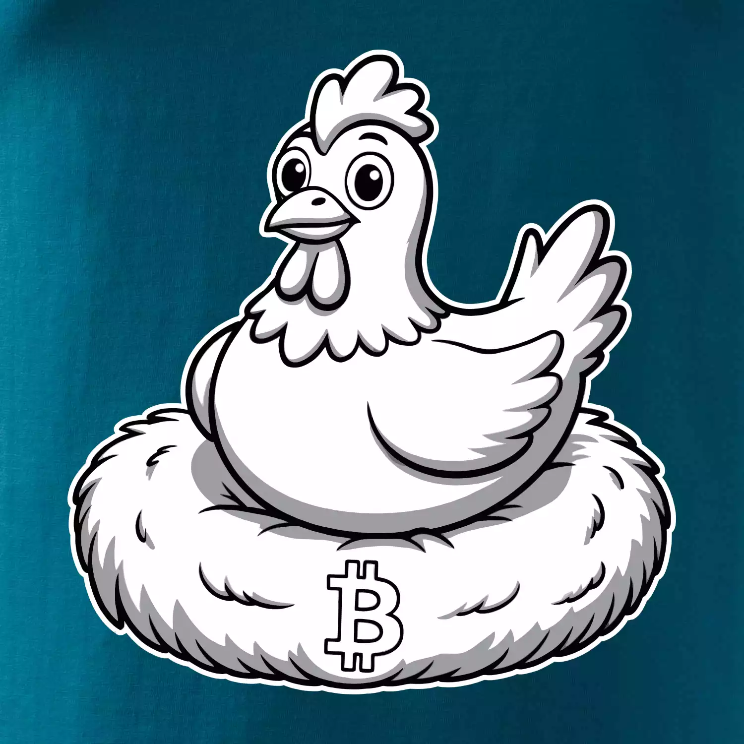 Kuře sedící na bitcoinovém hnízdě