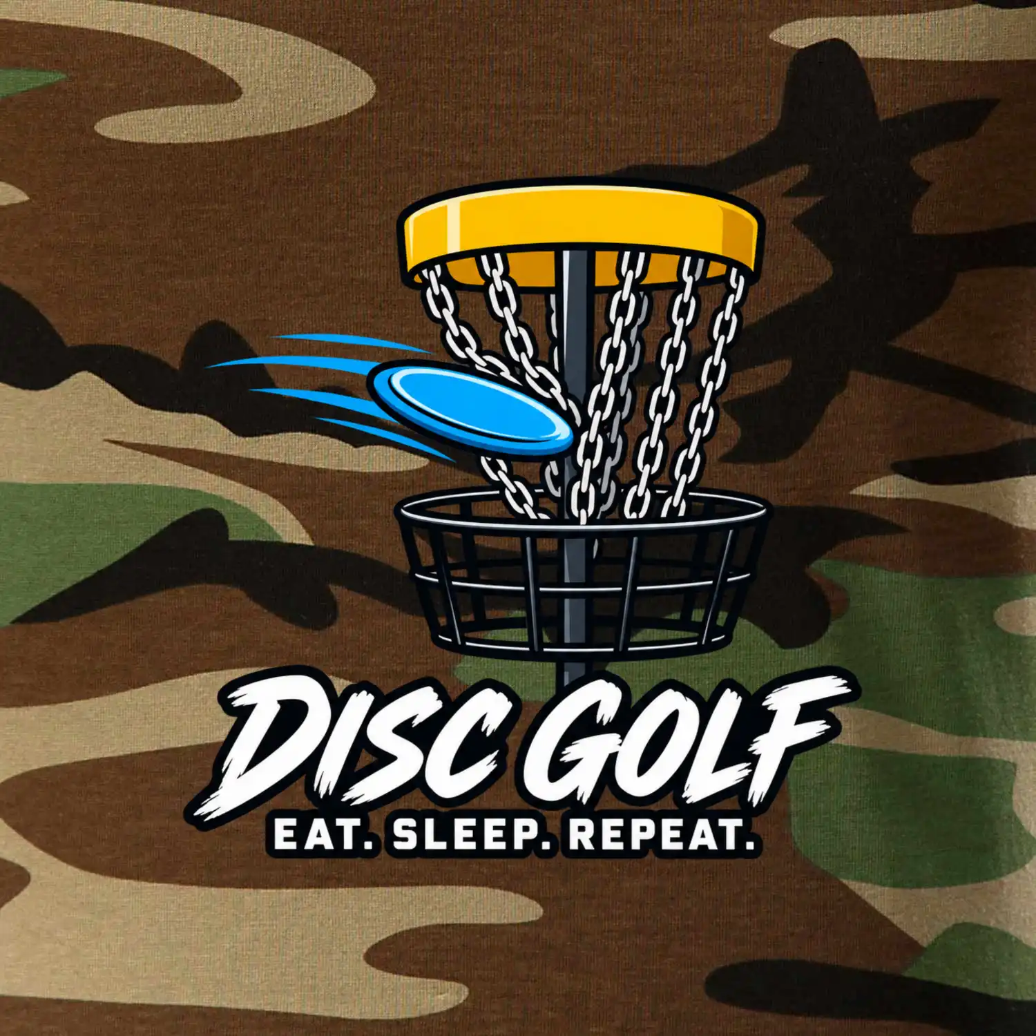 Discgolfový koš s letícím diskem eat sleep repeat