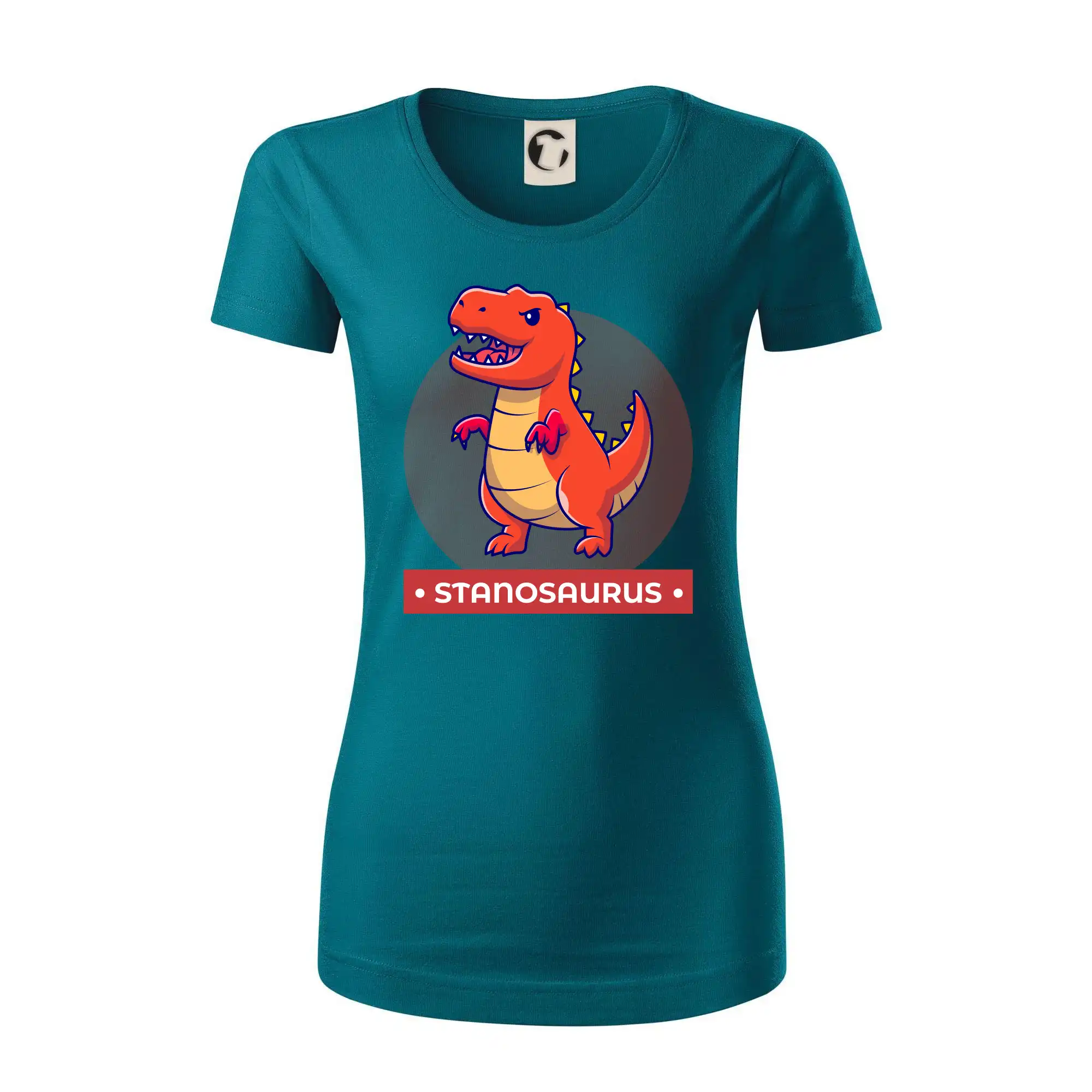 Detské tričká, mikiny a body s originálnymi potlačami | Veselé motívy pre chlapcov aj dievčatá - Dinosaurie mená - oranžový dinosaurus - Dámske tričko z organickej bavlny Origin (GOTS)