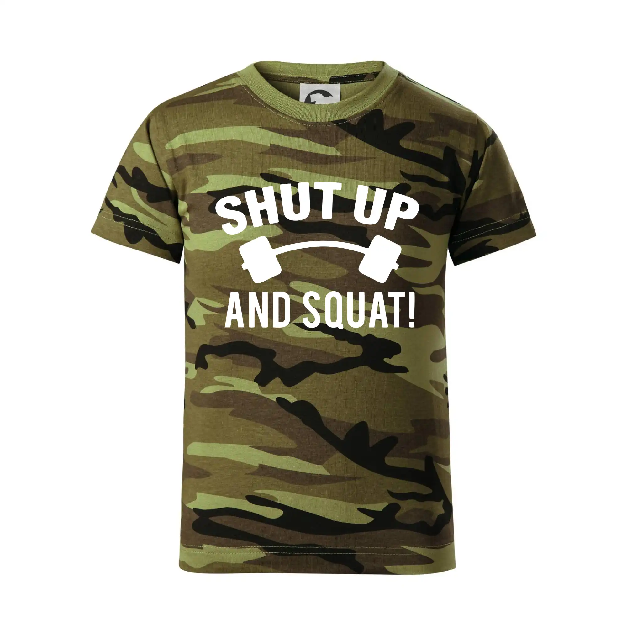 Posilňovani - Shut up and squat - Detské maskáčové tričko