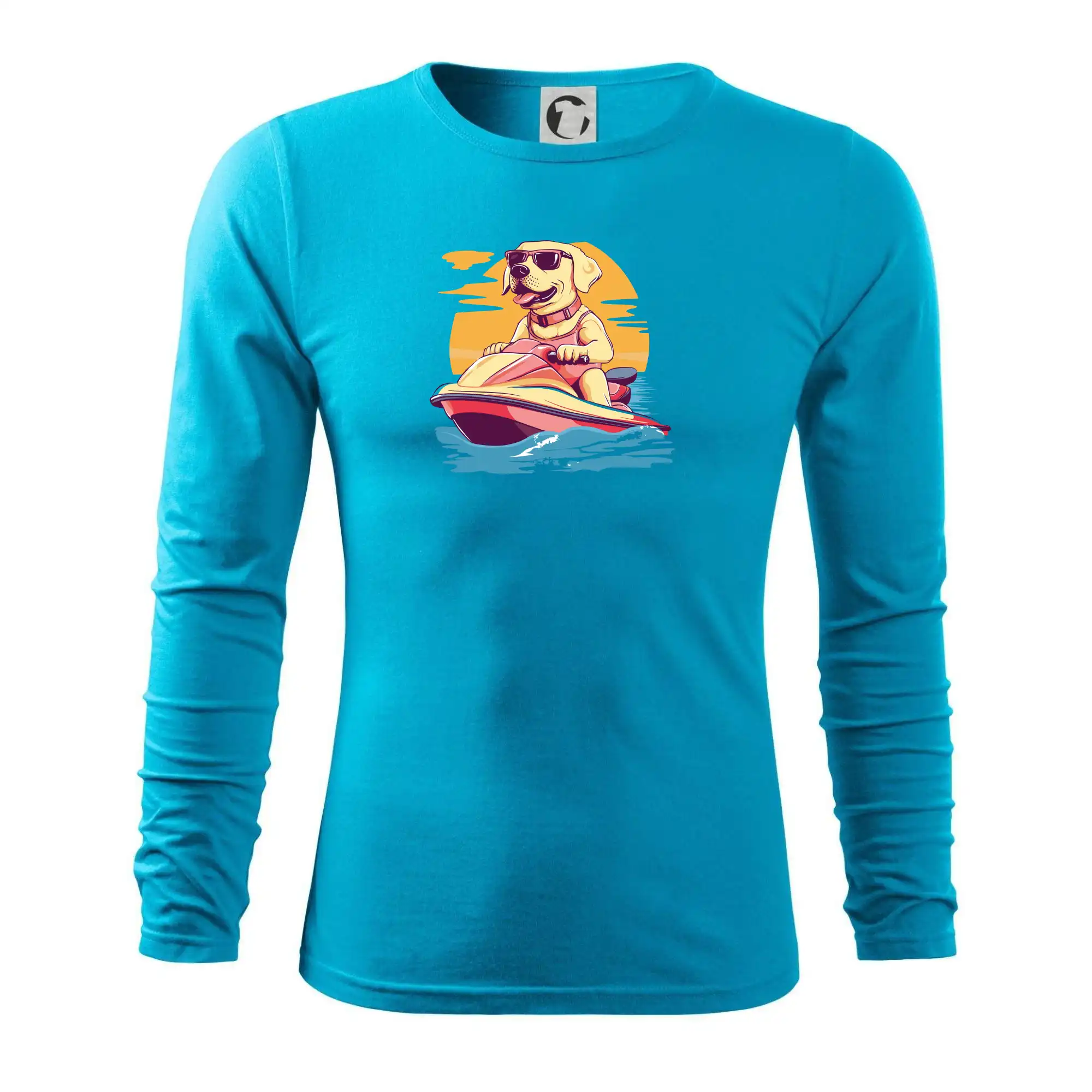 Zlatý retrívr na vodním skútru