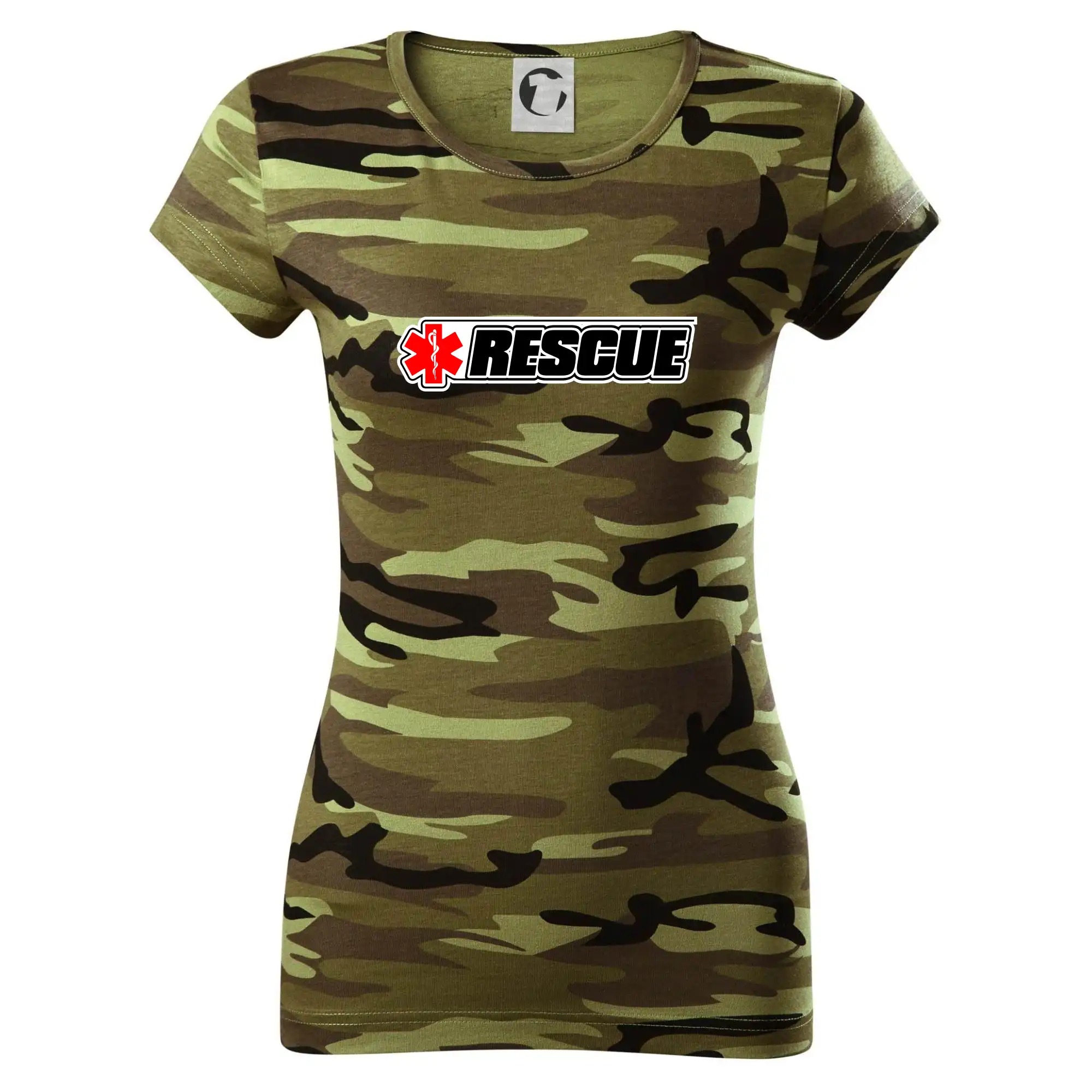 Tričká a mikiny pre záchranárov a lekárov - Kvalitné oblečenie pre zdravotníkov - Záchranár rescue kríž červený - Dámske maskáčové tričko