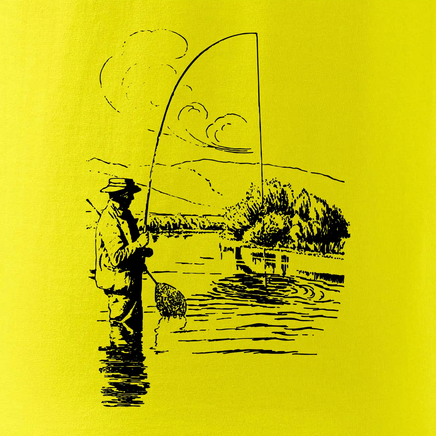 Kreslený rybář s podběrákem