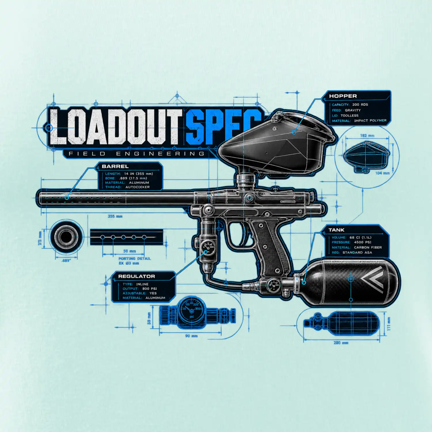 Technický výkres loadout spec paintball