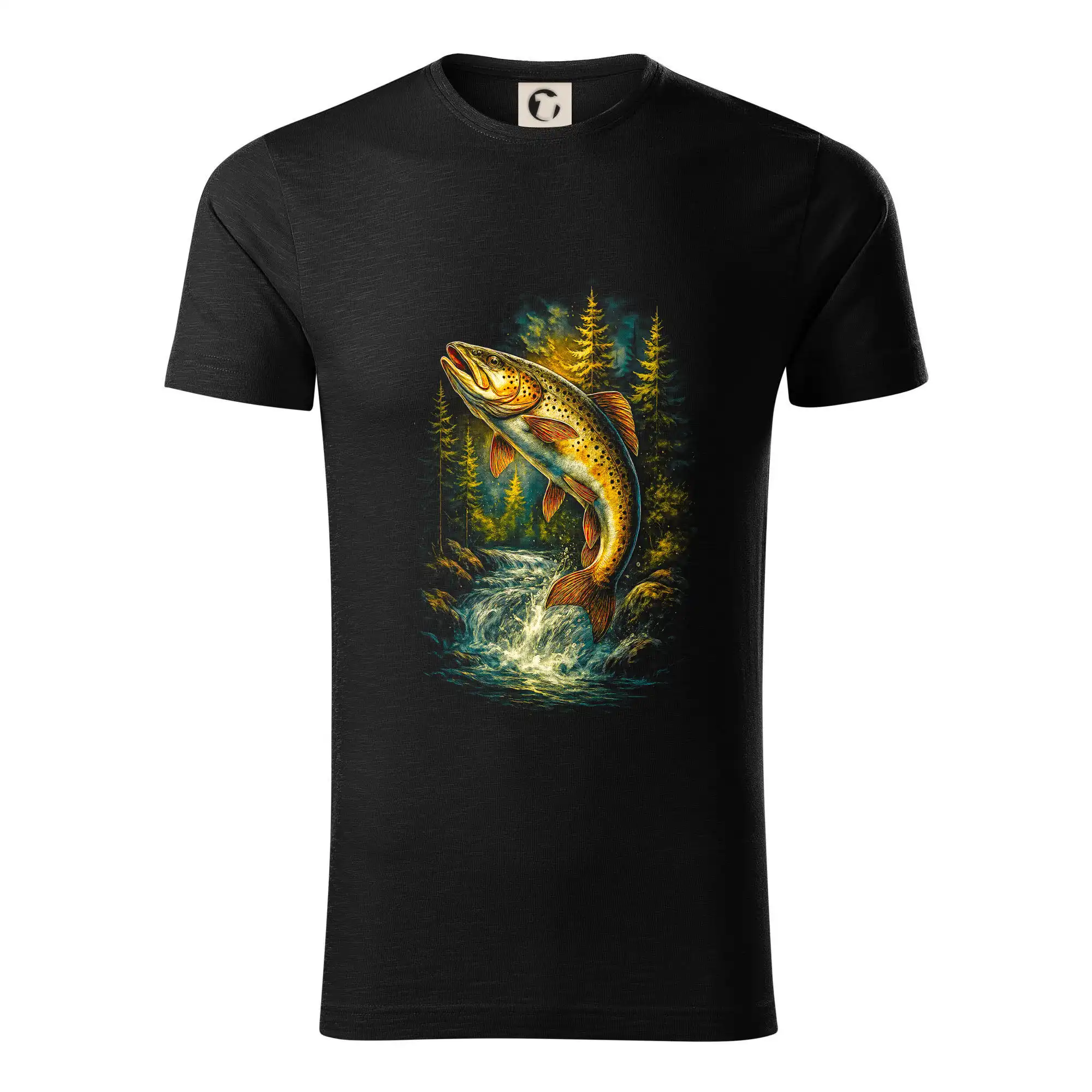 Tričká pre rybárov s potlačou - Obrázok pstruh a stromy - Tričko z organickej bavlny