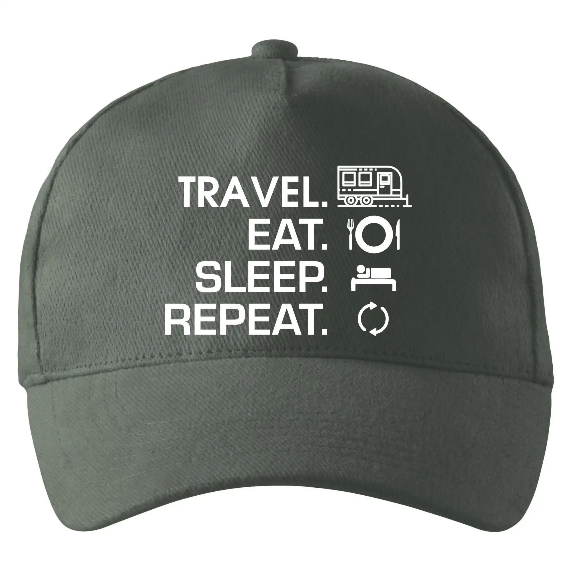 Trička na kempovanie - Eat sleep travel - Veľký príves - Šiltovka so zahnutým šiltom a mosaznou sponou