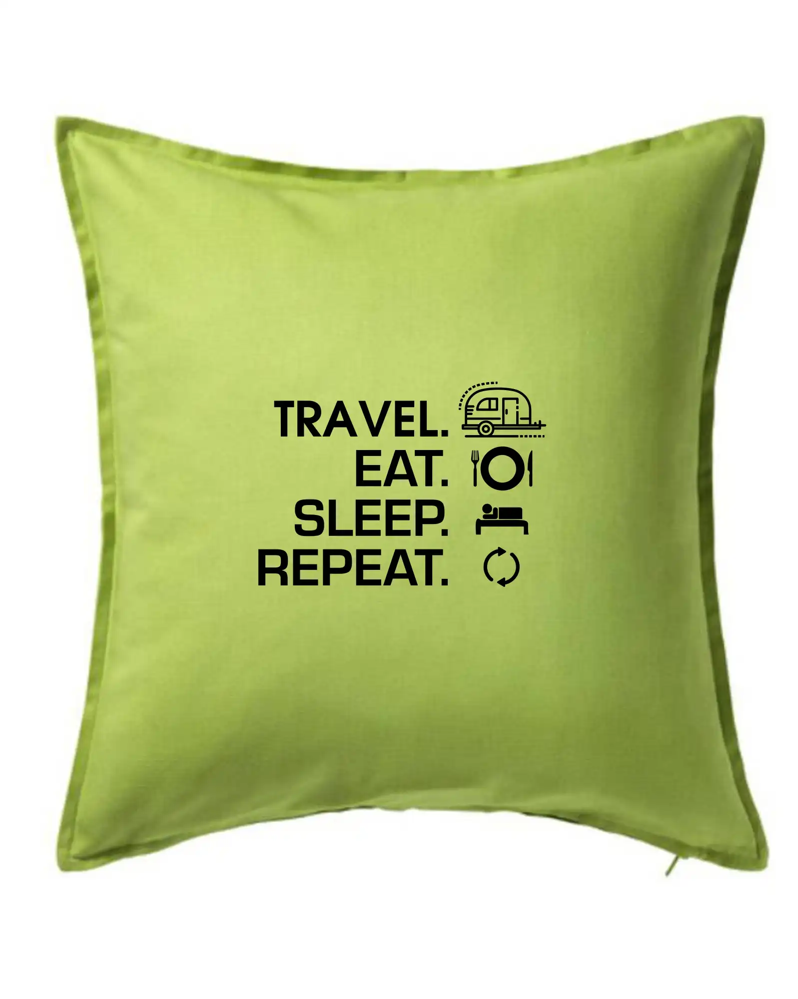 Trička na kempovanie - Eat sleep travel - Malý príves - Vankúš 50x50