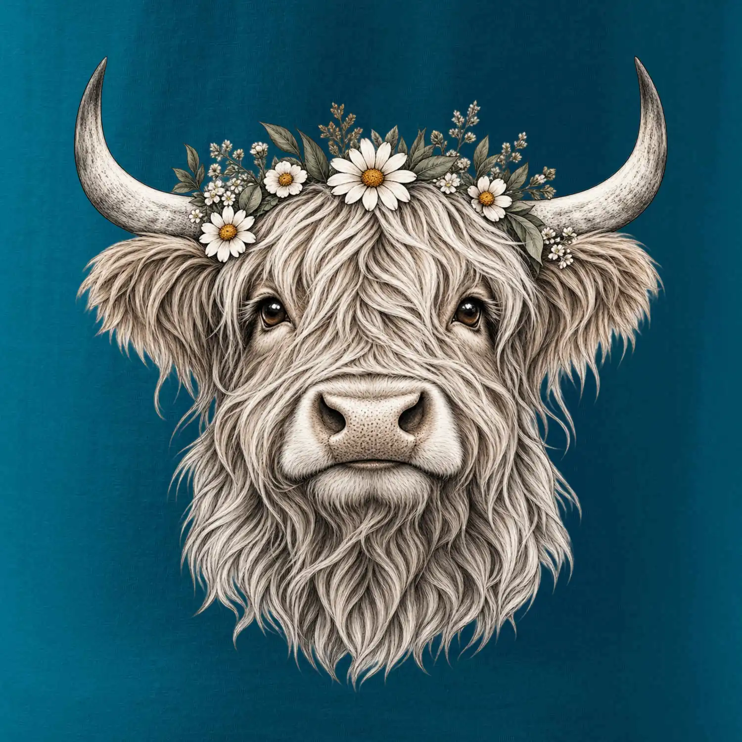 Highlandská kráva s květinami