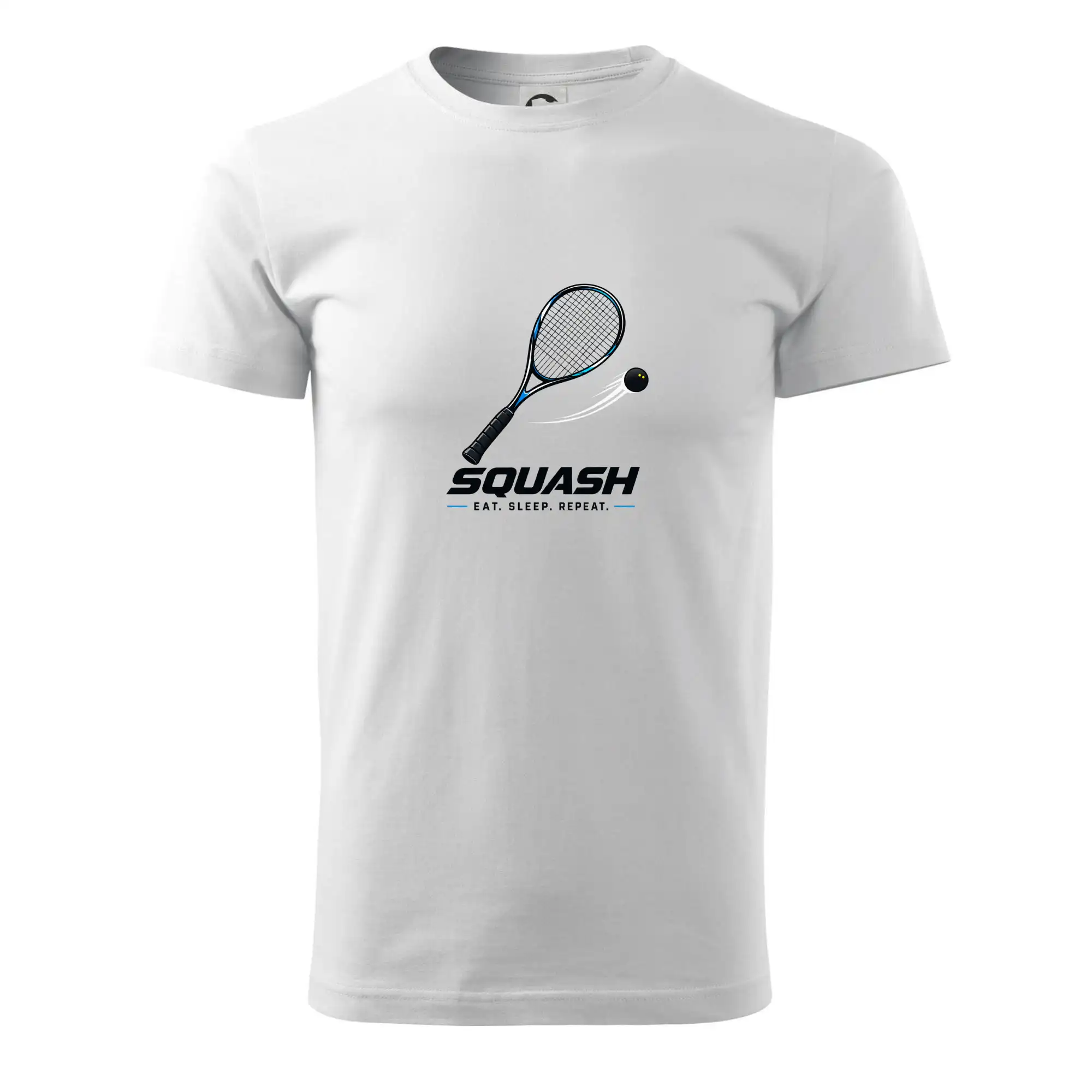 Squashová raketa a černý míček eat sleep repeat