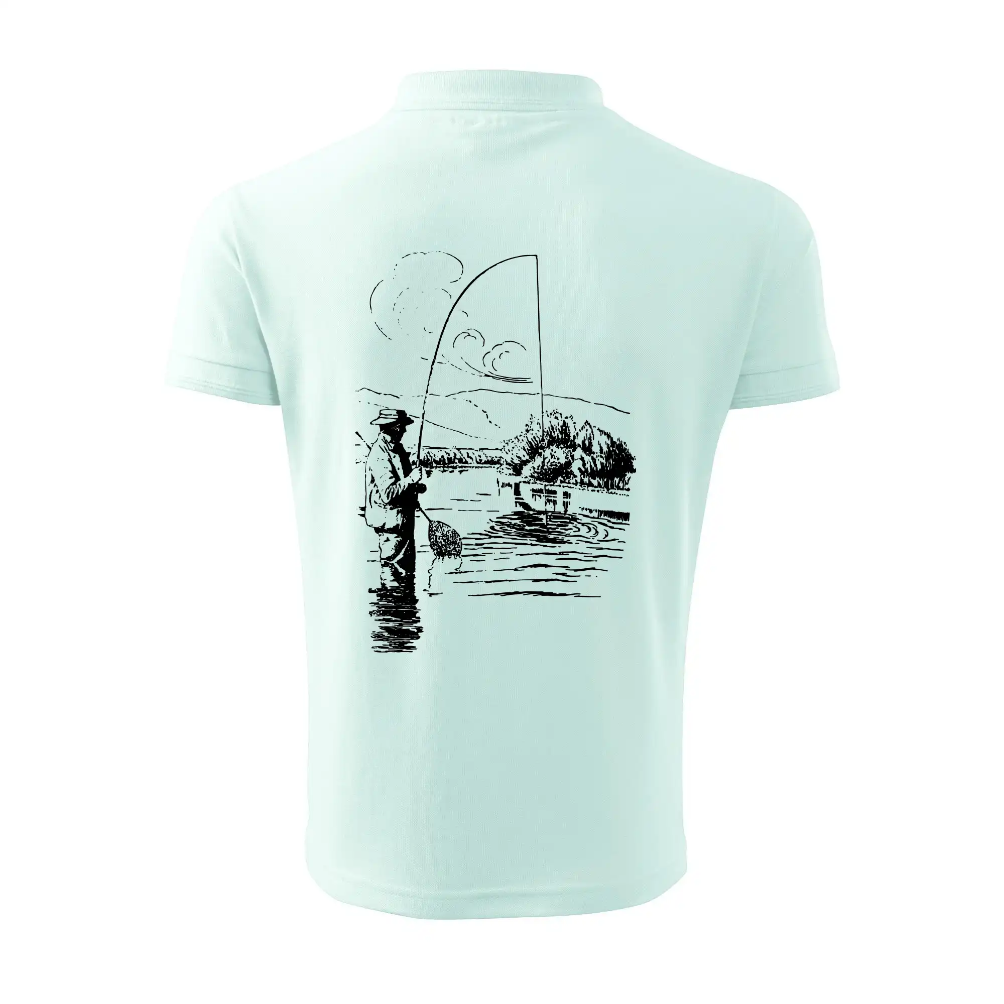 Kreslený rybář s podběrákem