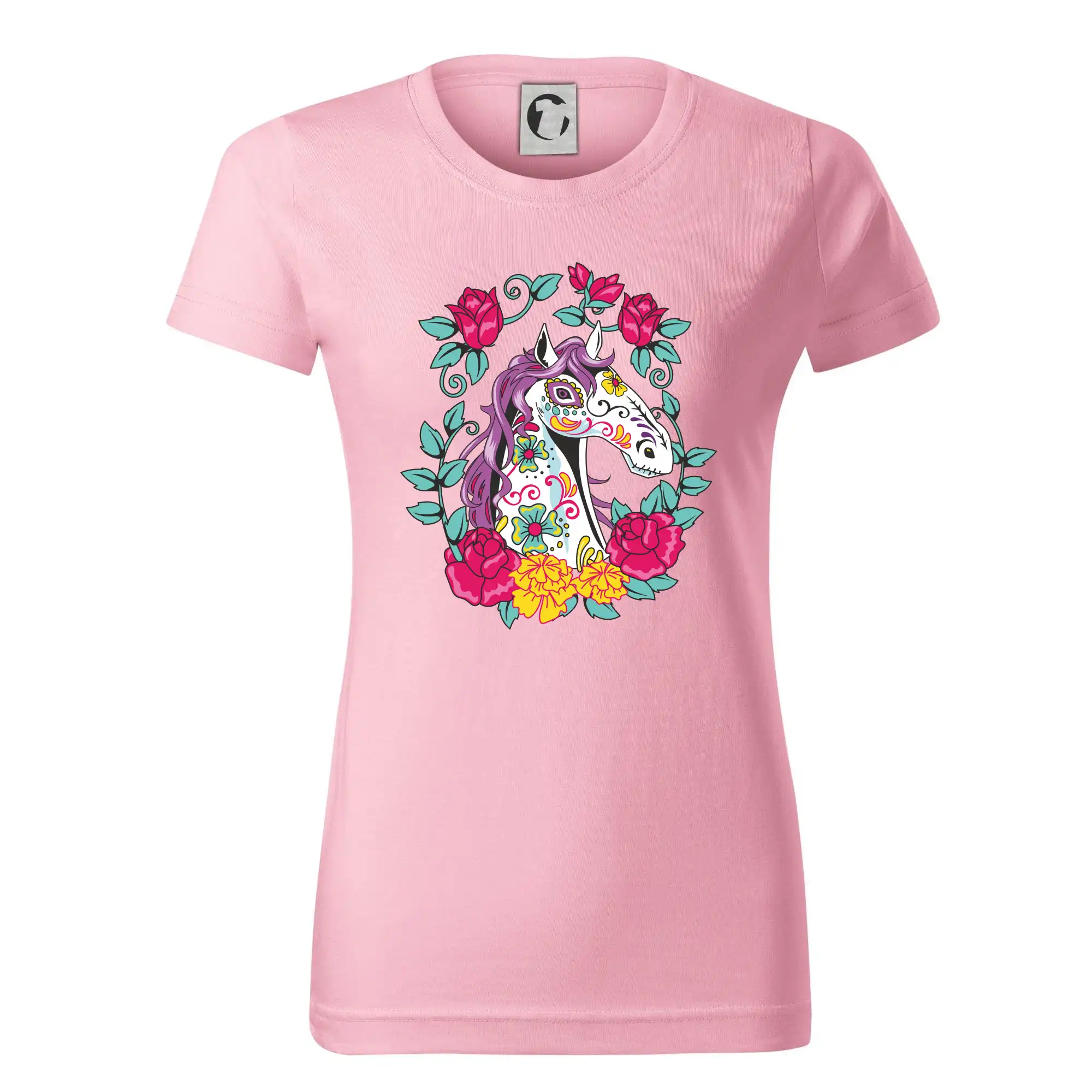Tričká s koňmi - Kôň farebný s kvetinami - Dámske tričko basic - ľahko voľnejšie a dlhšie