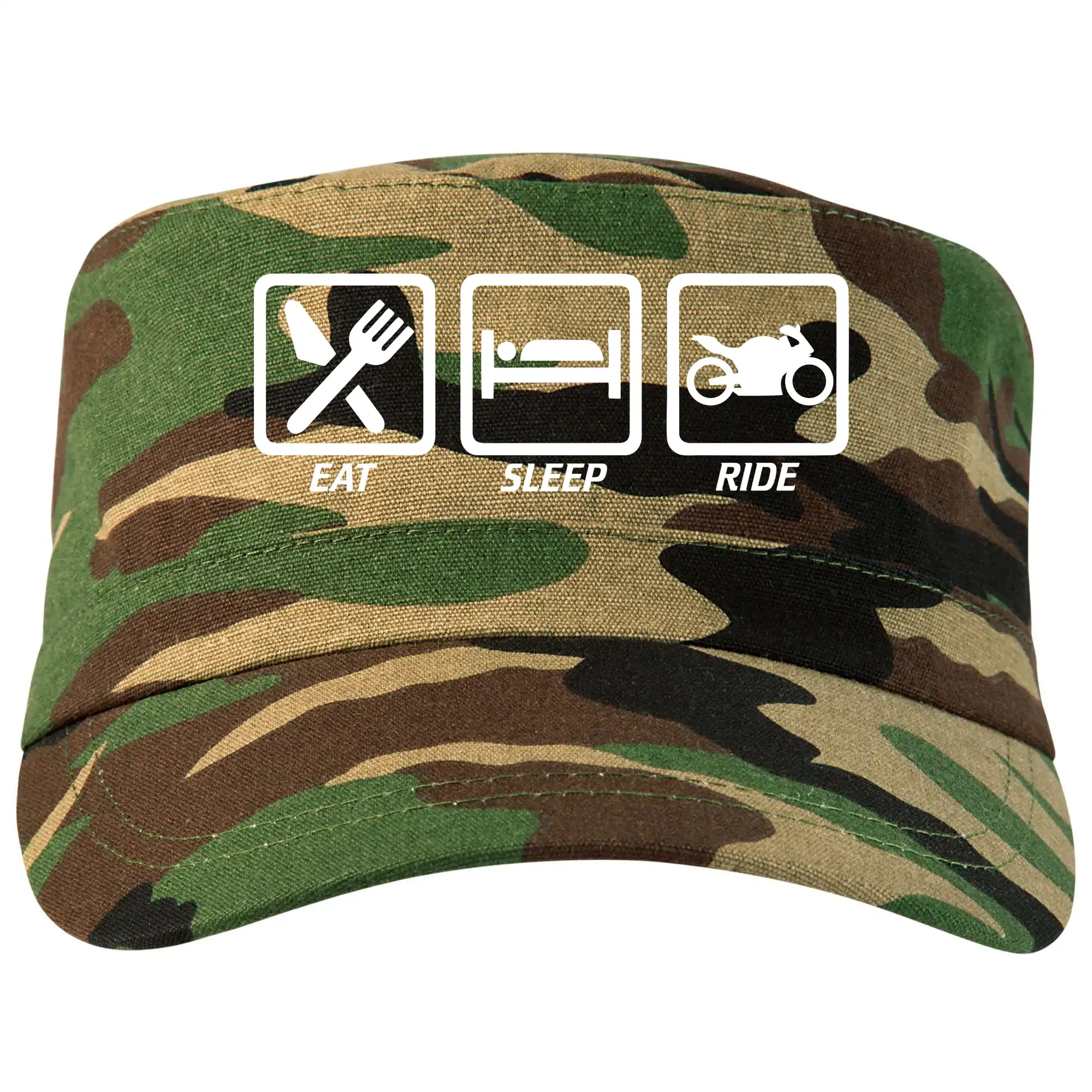 Tričká a mikiny s potlačou motoriek – pre pravých motorkárov - Eat sleep ride - cesta - Šiltovka CAMO