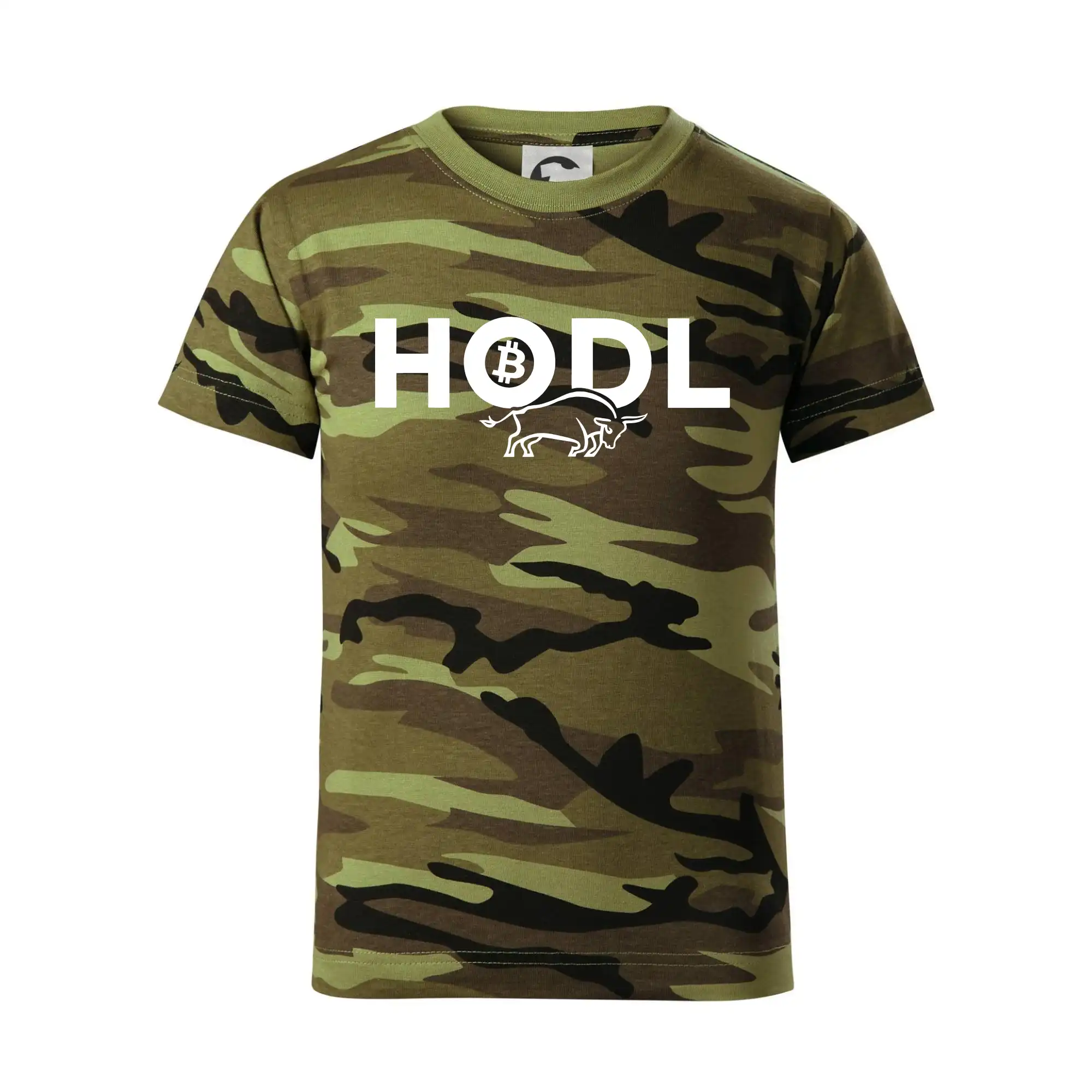 Hodl, nápis a býk - Detské maskáčové tričko