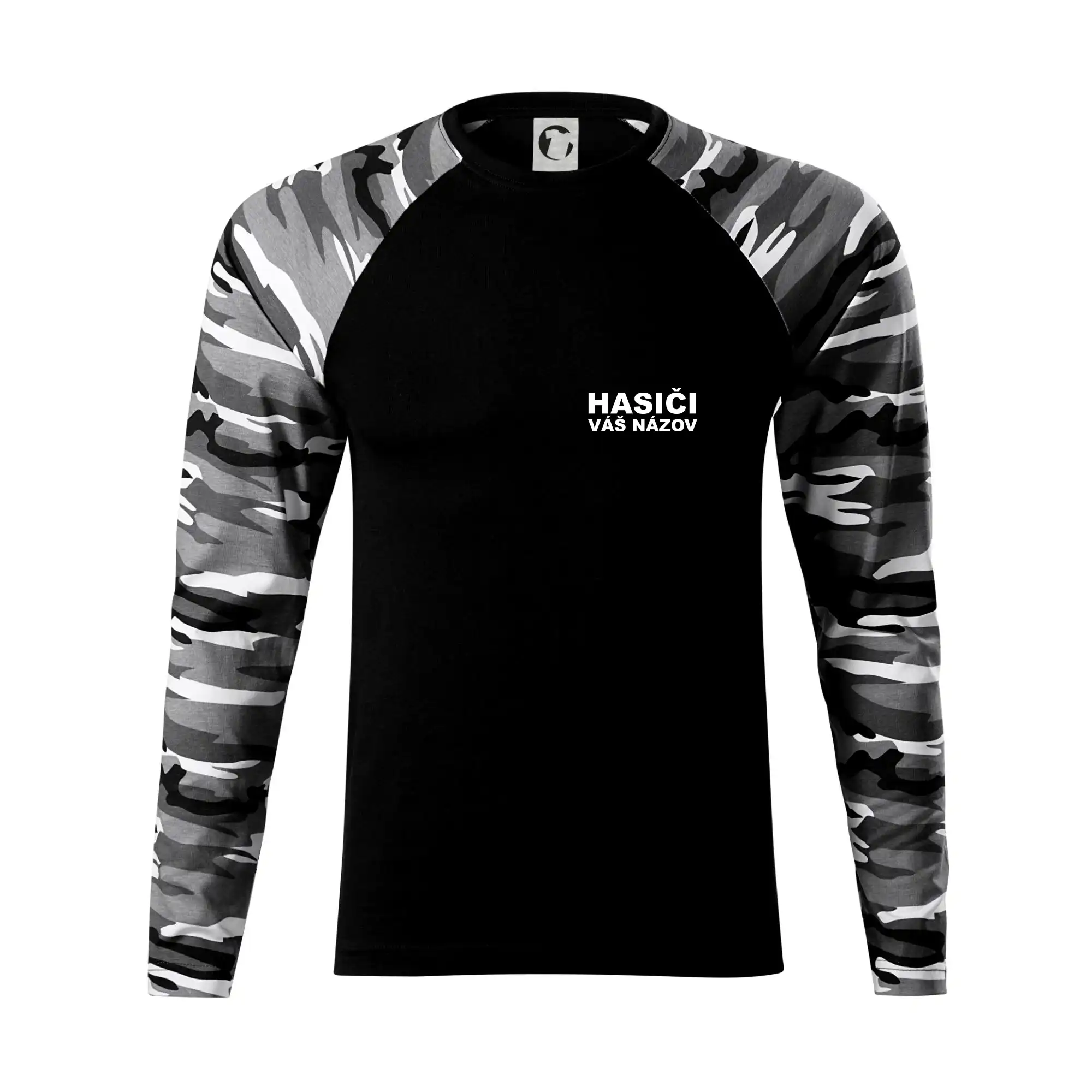 Originálne tričká pre hasičov - Hasiči nápis (názov zboru - vlastný nápis) - Camouflage LS