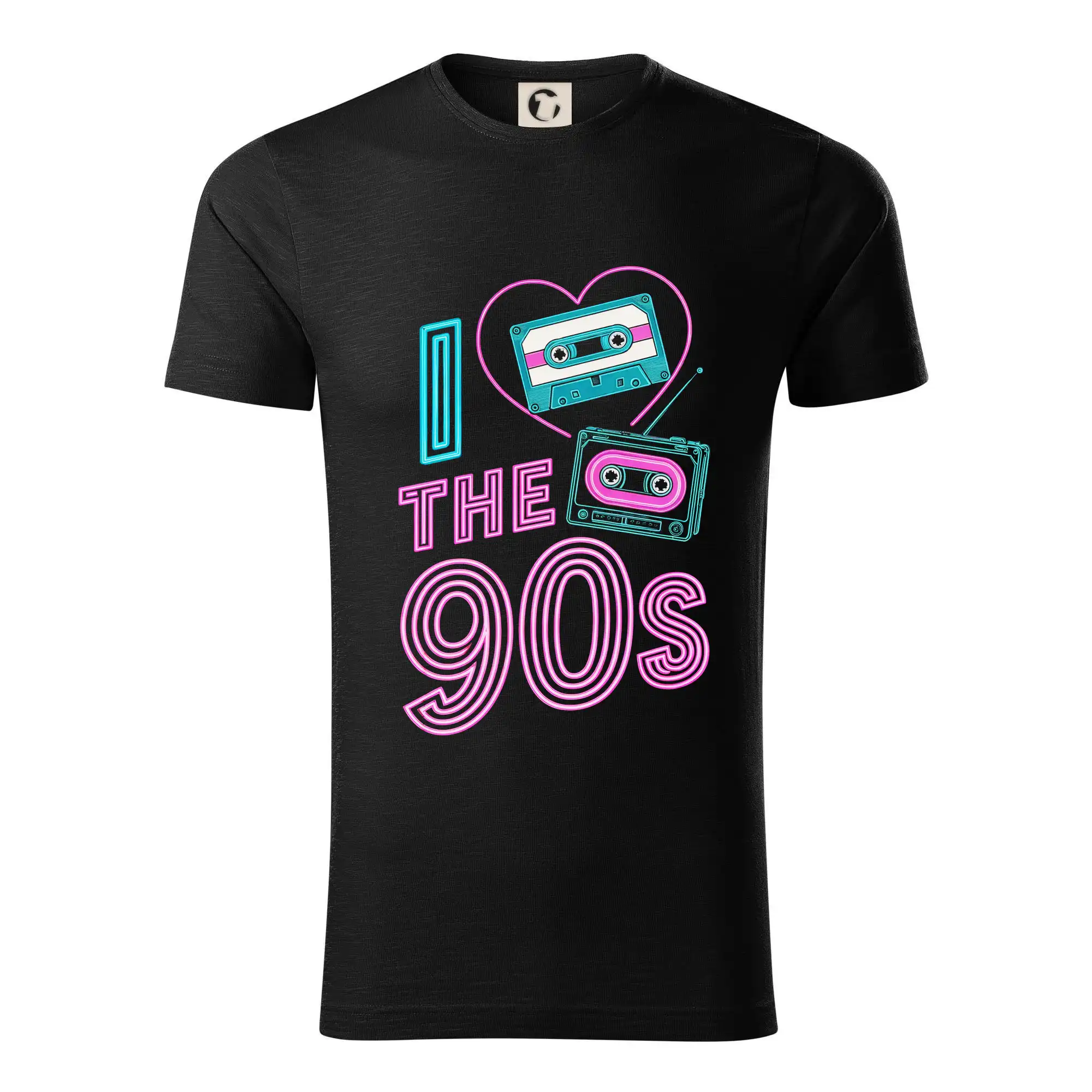 Hudobné tričká - Aj love 90s - neón a kazeta - Tričko z organickej bavlny