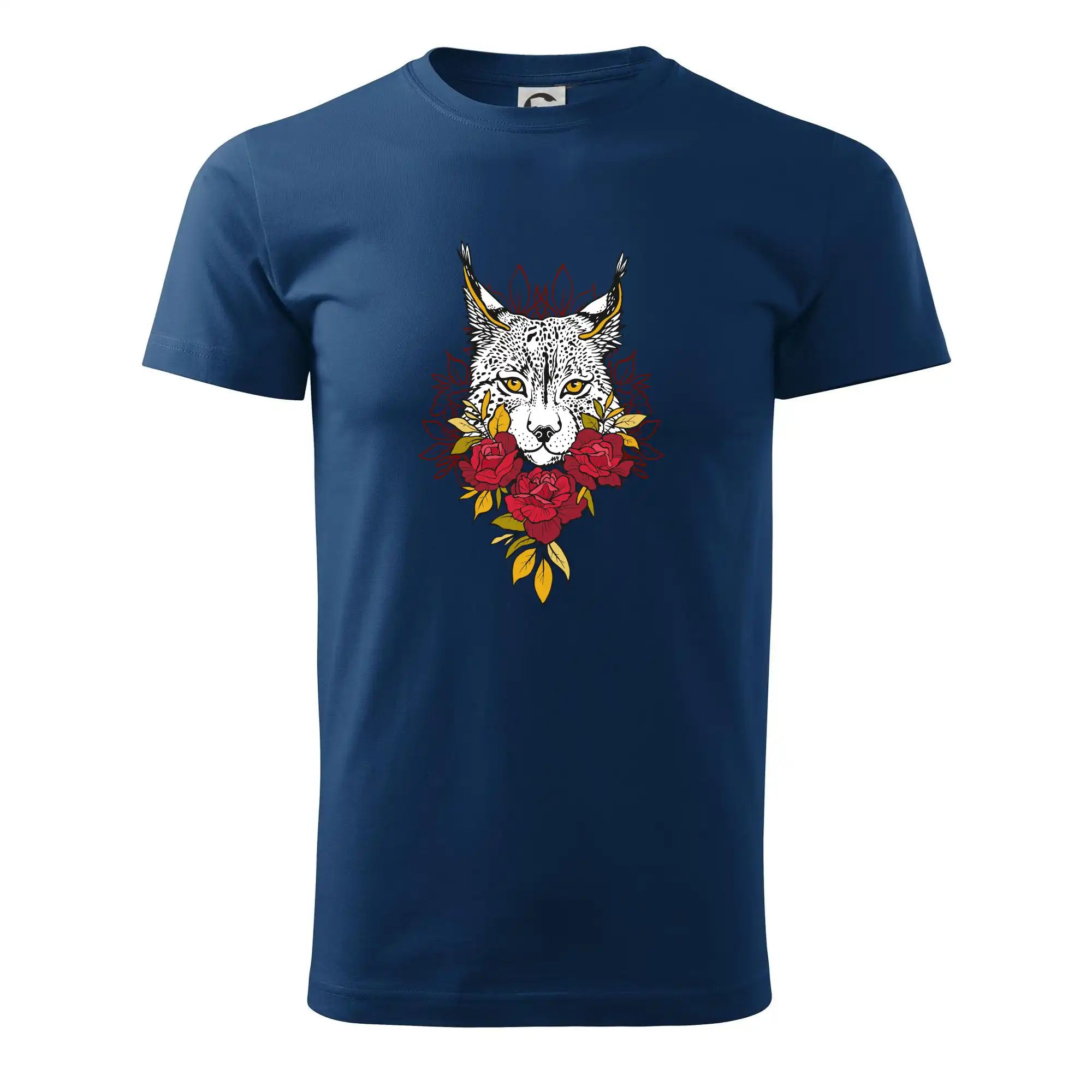 Tričká so zvieratami - Rys s červenými ružami (Pecka design) - Pánske tričko nižšej gramáže
