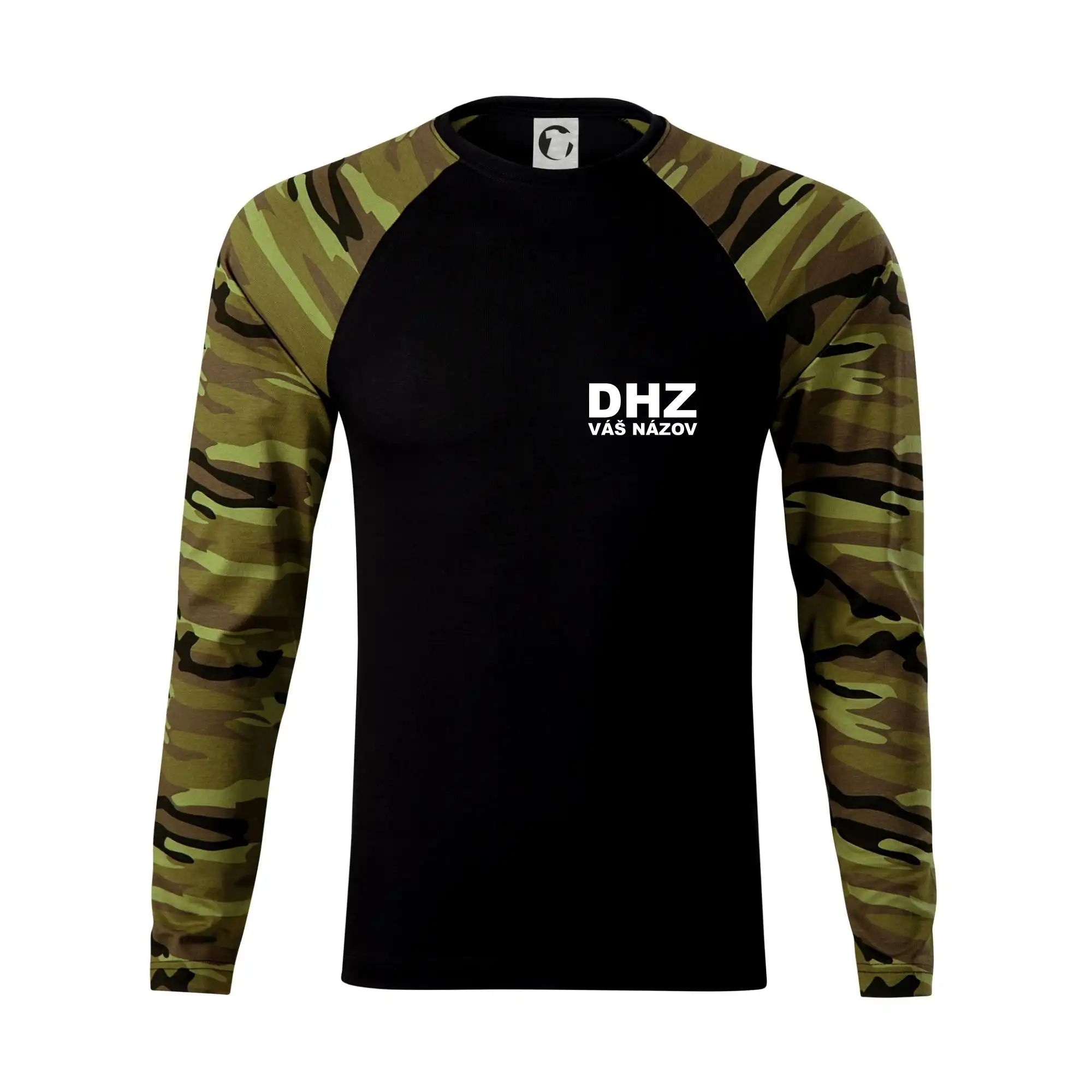 Originálne tričká pre hasičov - DHZ nápis (názov zboru - vlastný nápis) - Camouflage LS