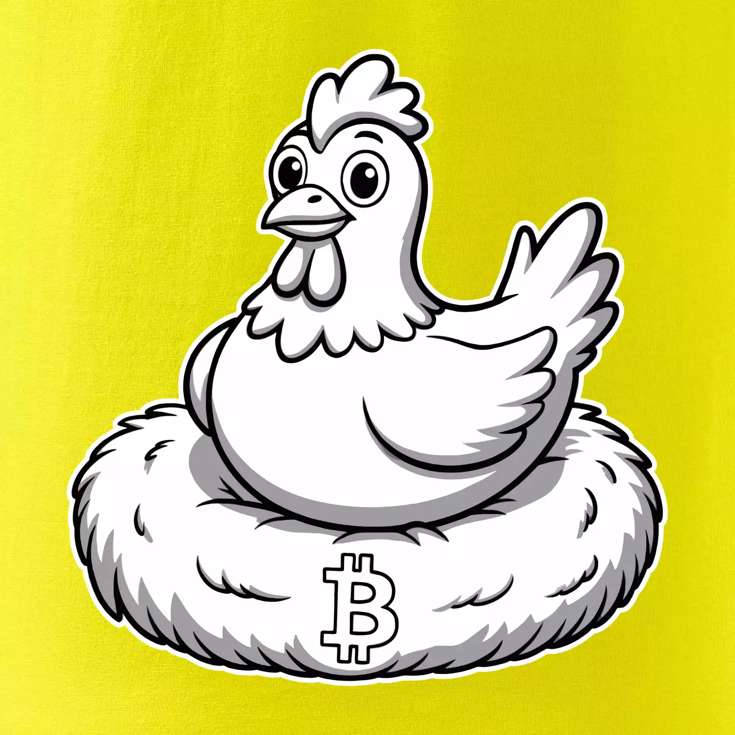 Kuře sedící na bitcoinovém hnízdě