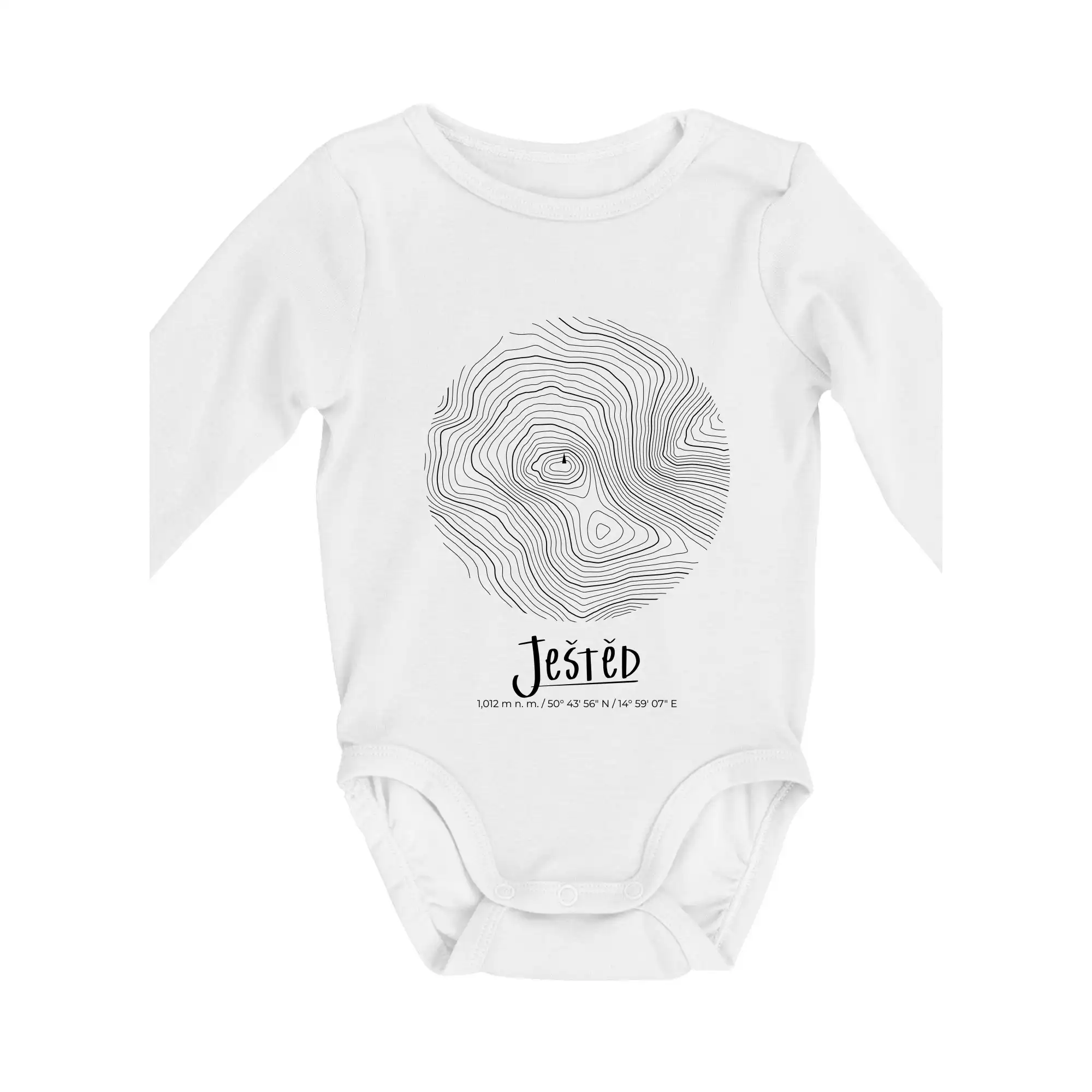 Tričká s vrstevnicami – originálne horské motívy - Ještěd - vrstevnice v kruhu - Body dojčenské s dlhým rukávom