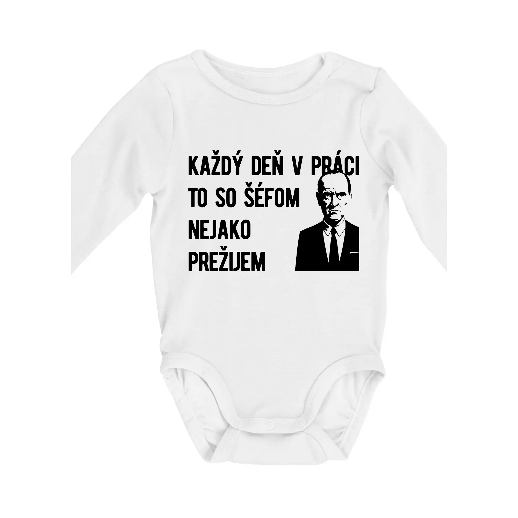 Vtipné tričká do práce - Každý deň v práci to so šéfom nejako prežijem - Body dojčenské s dlhým rukávom