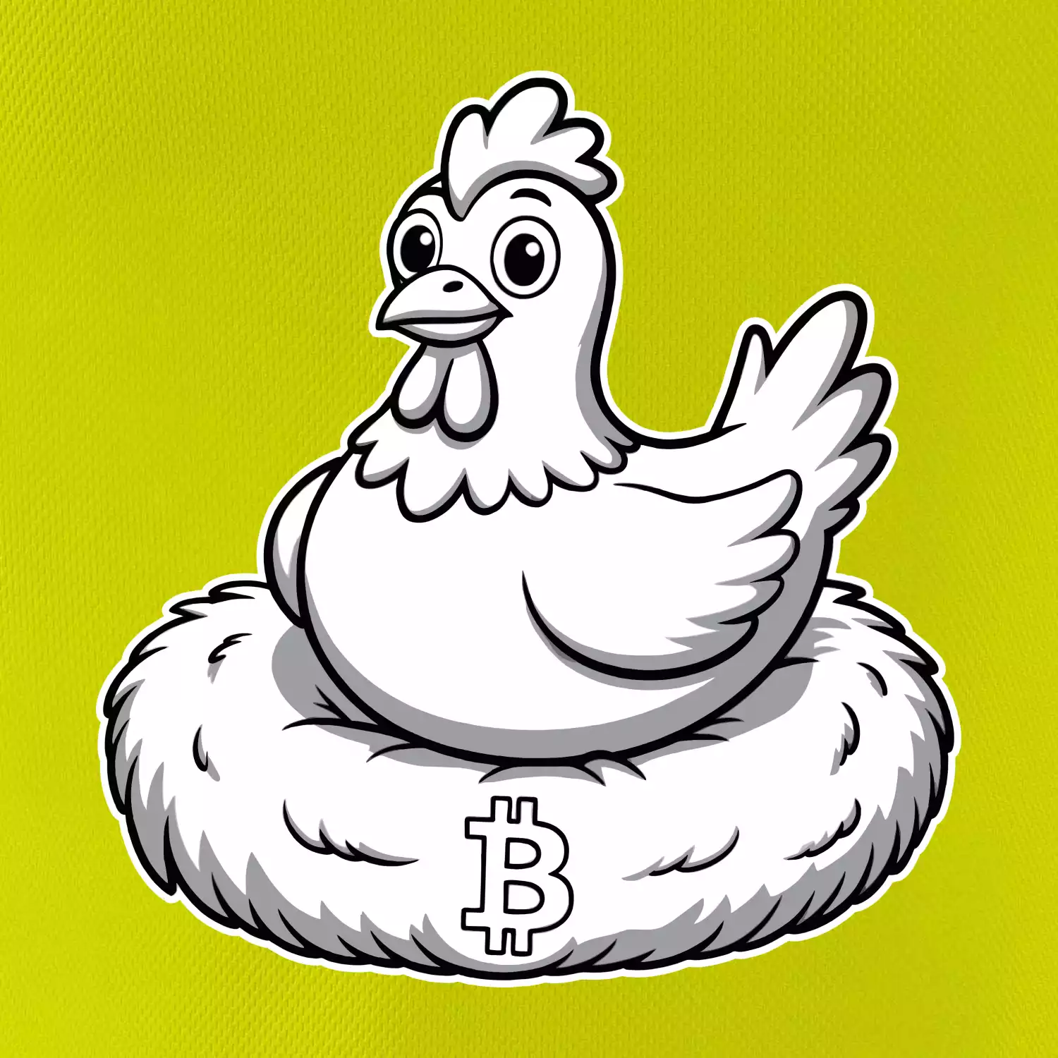 Kuře sedící na bitcoinovém hnízdě