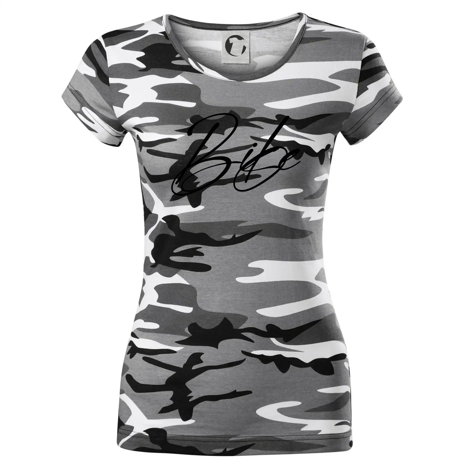 Tričko ako darček pre cyklistu - Nápis bike - Dámske maskáčové tričko