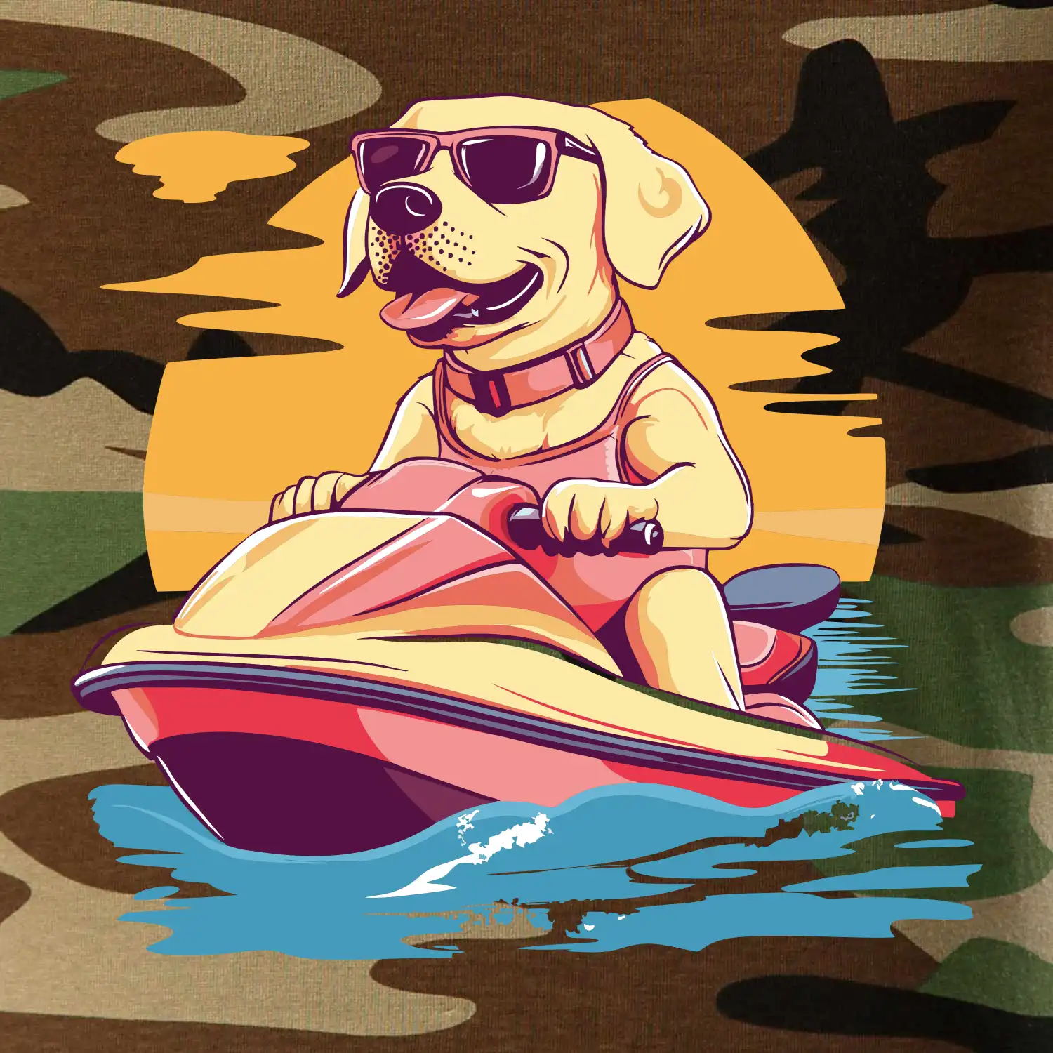 Zlatý retrívr na vodním skútru