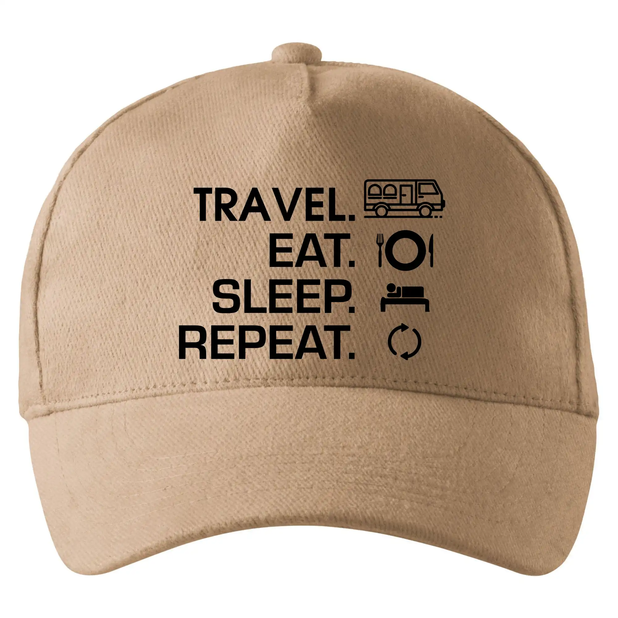Trička na kempovanie - Eat sleep travel - Van - Šiltovka so zahnutým šiltom a mosaznou sponou