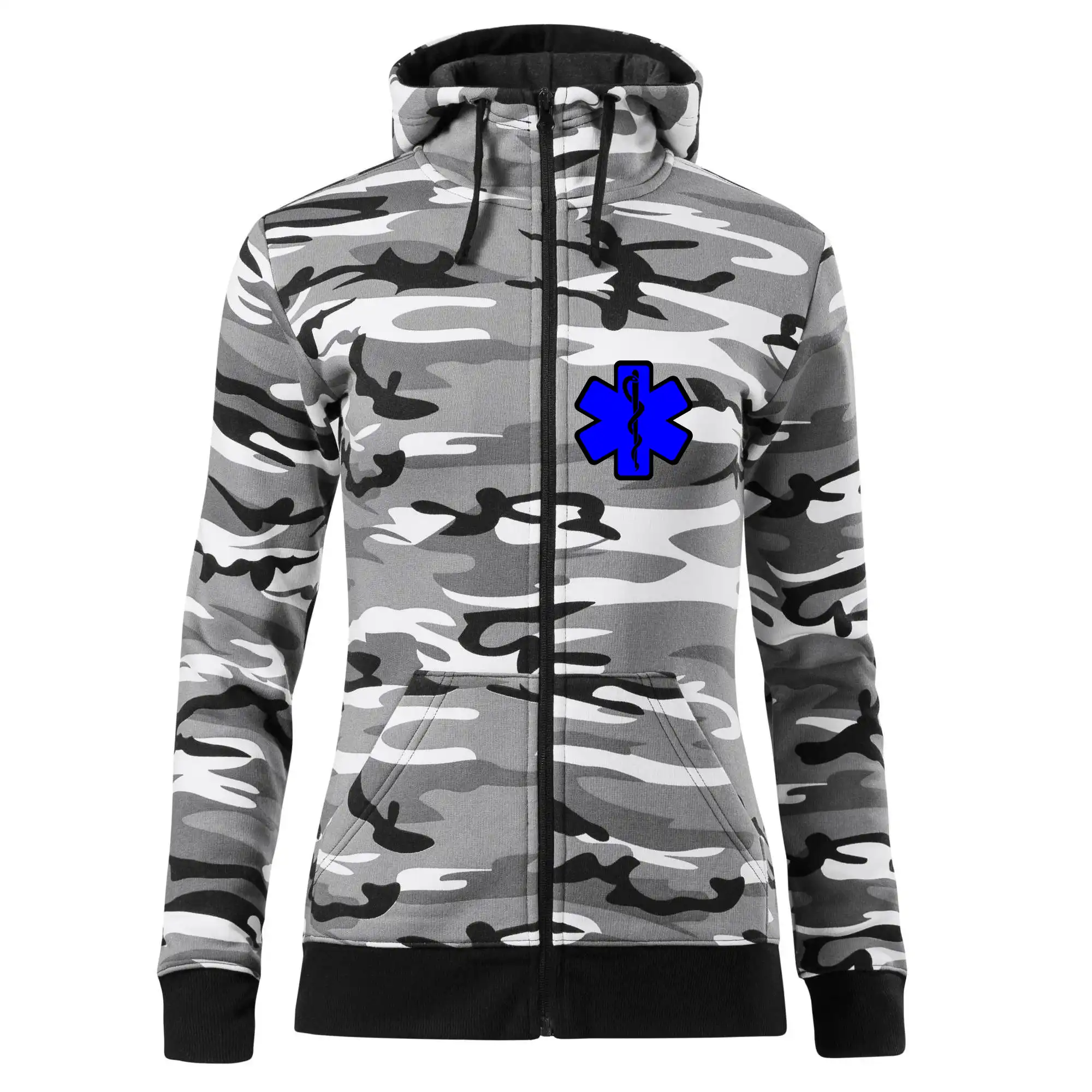 Tričká a mikiny pre záchranárov a lekárov - Kvalitné oblečenie pre zdravotníkov - Rescue - Hviezda na prsníku + nápis na chrbte - Mikina dámska trendy zipper s kapucňou