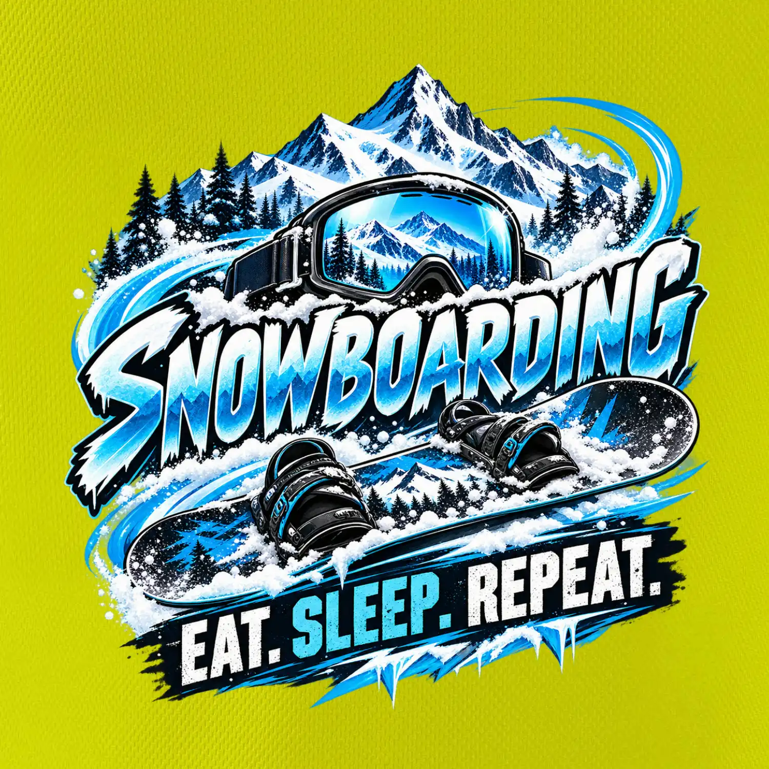 Snowboard s horským sněhem eat sleep repeat